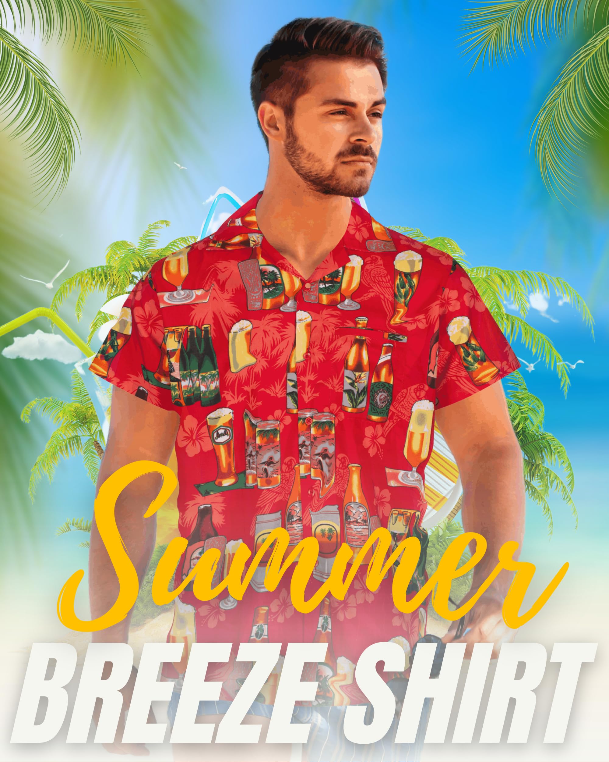 REDSTAR Men’s Hawaiian Shirt Short Sleeve Button-Down Funny Beer Print Casual Party Shirt for Summer, Lightweight Comfortable Fit, Ideal for Holidays, Beach Wear and Festivals