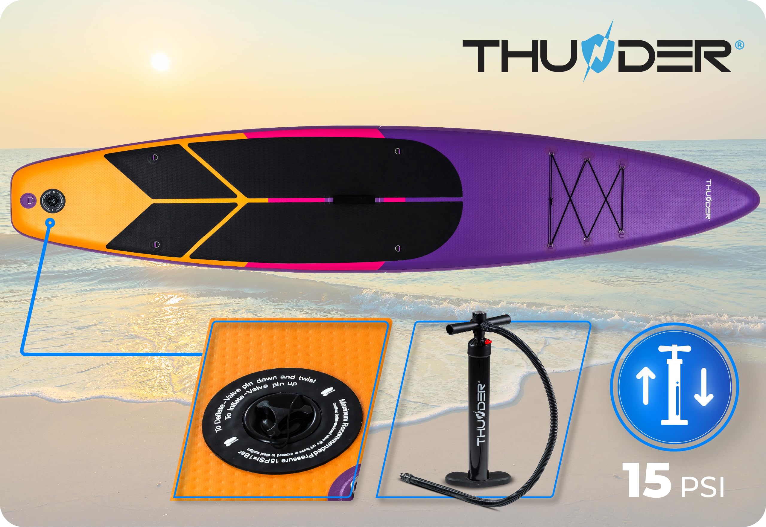 THUNDER Tabla de Sup Inflable 365 cm con Asiento de Kayak – Set de Stand Up Paddle con Bomba, Remo y Mochila – Touring Sup para Adultos y Principiantes hasta 150 kg