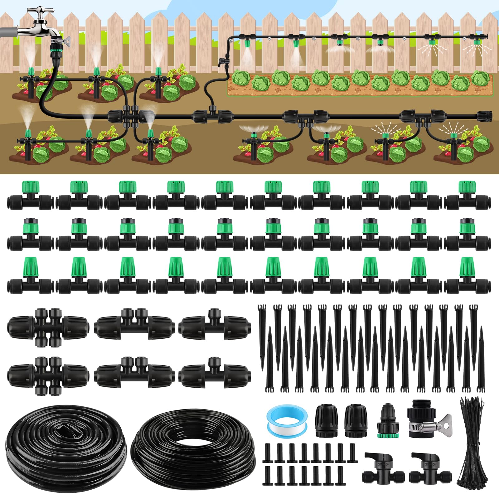 Kalolary Sistema di Irrigazione a Goccia 133FT | Kit di Irrigazione da Giardino Facile da Montare con Connettori Rapidi, Ugelli Regolabili, Tubo PE 1/2" 1/4" per Giardini