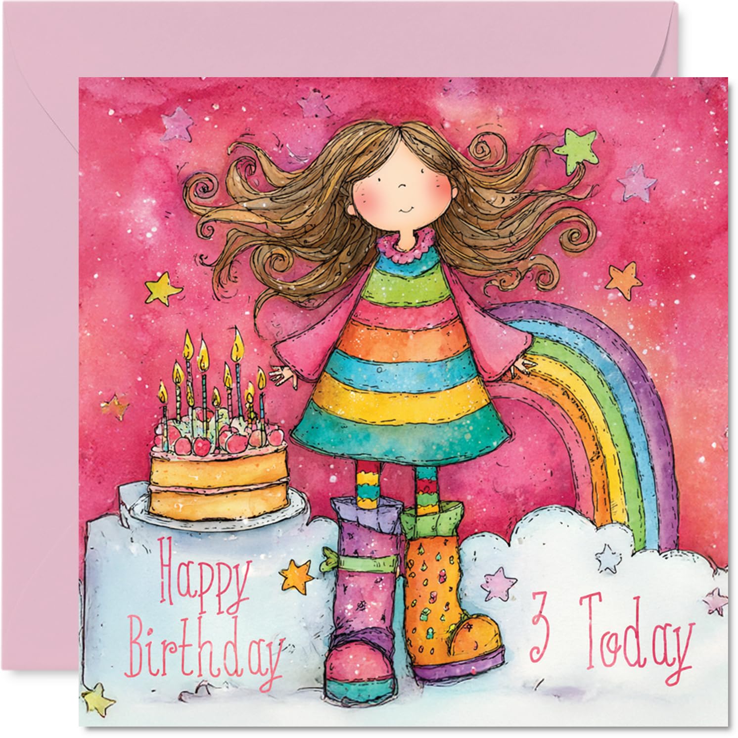 3rd Birthday Cards for Girls - Rainbow Cake - Happy Birthday Card for 3 Year Old Girl Niece Goddaughter Granddaughter Daughter, 145mm Bday Greeting Cards