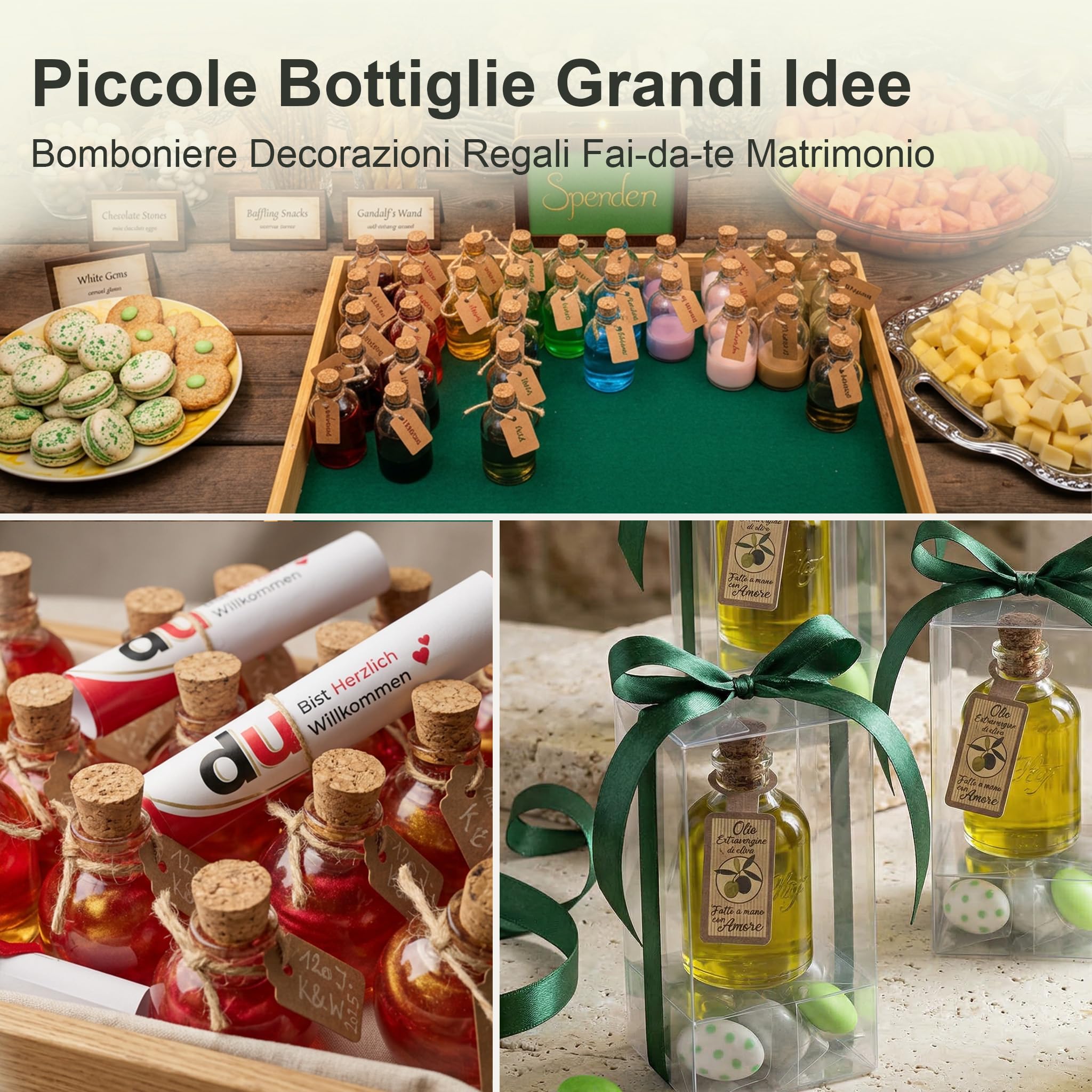 35 Bottigliette di Vetro Piccole 50 ml con Tappo Sughero, Mini Bottiglie Vetro 50ml da Riempire per Liquori Mignon Bomboniere Etichette