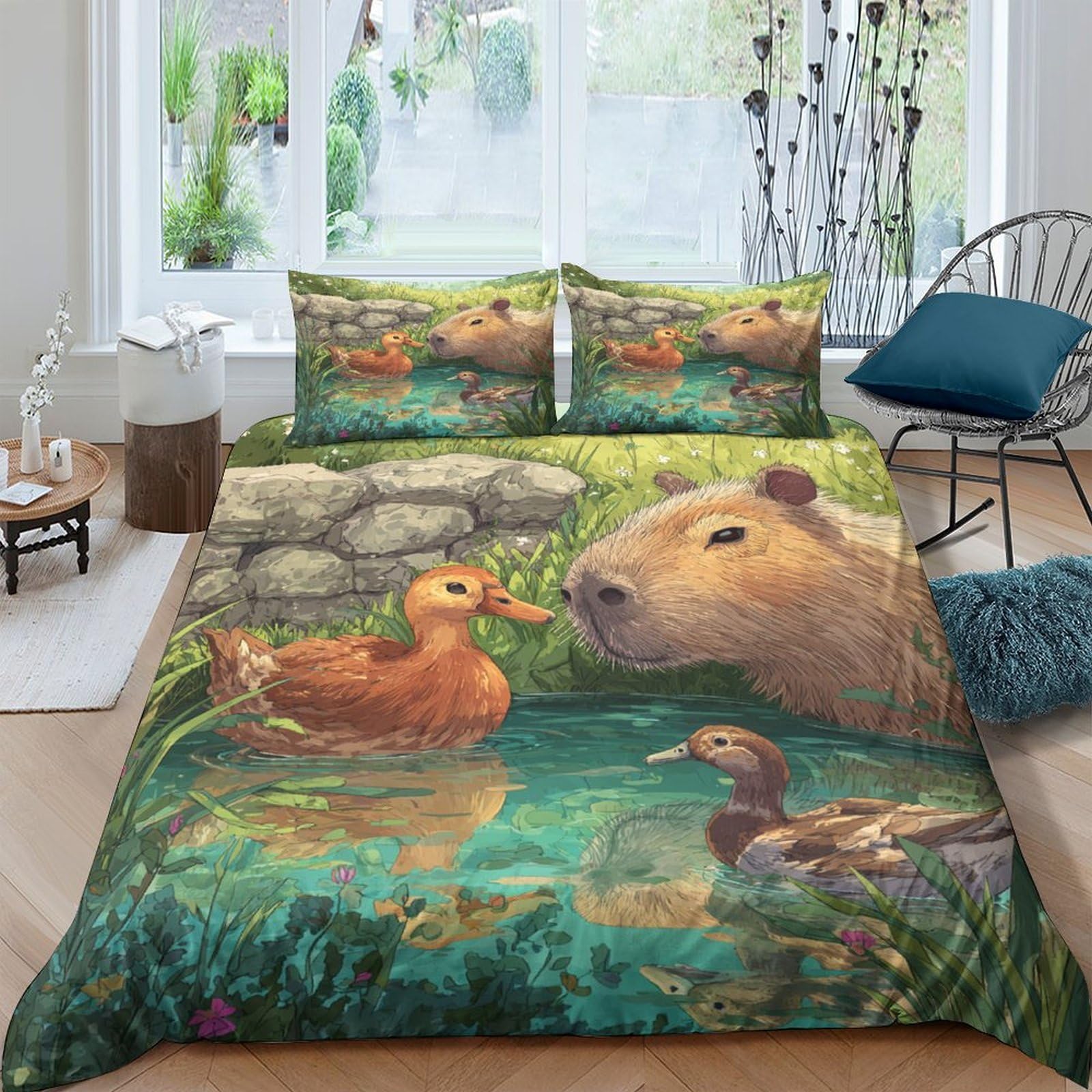Ctjqhvkz Style-1 3D Printed Capybara Pond Fitted Sheet Microfiber Watercolor Duck Bed Cover For Bedroom Guestroom Protection Single（135X200cm）