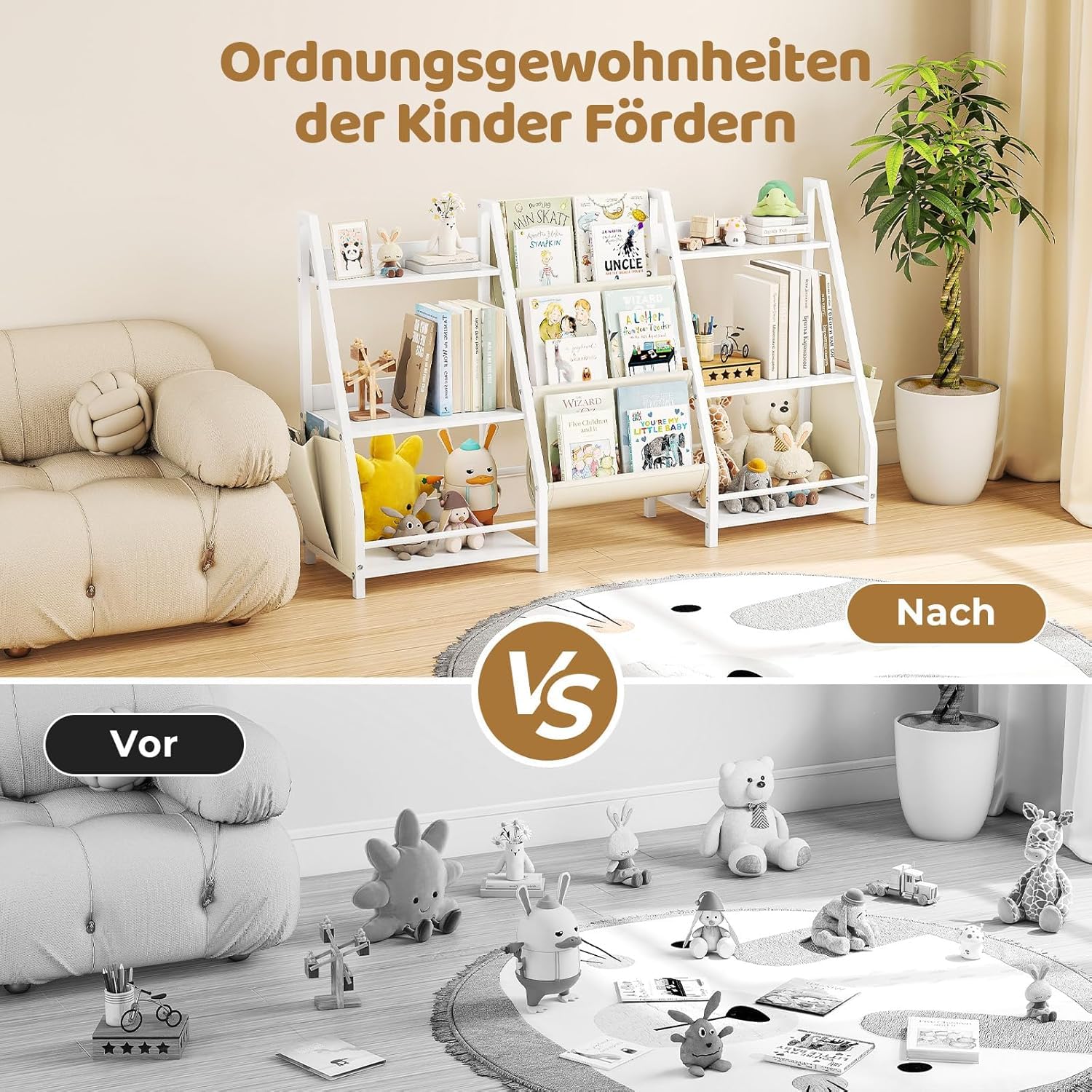 Bücherregal Kinder Mit 6 Fächern und 3 Ablagen | Spielzeugregal in Weiß | 127x72 cm Großes Bücherregal Kinderzimmer zur Aufbewahrung von Bilderbüchern & Spielzeug | Aufbewahrungsregal für Kleinkinder