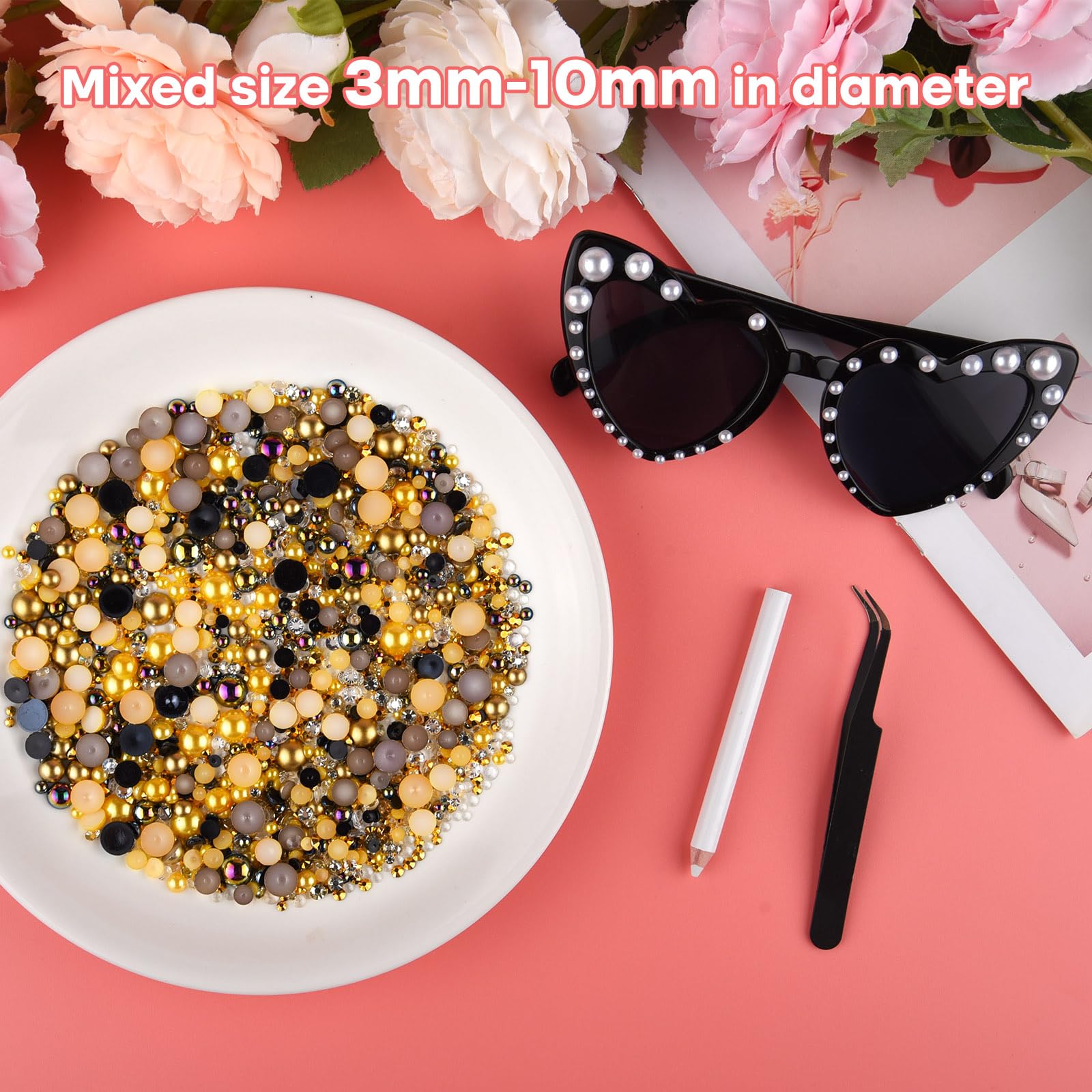 ASTARON 50g Mix Flatback Rhinestones Half Pearls for Crafts Mixed Size 3mm-10mm Flat Back Rhinestones for Crafts Flatback Pearls for Decorating Tumblers Mugs Nail Art Shoes (Gold Black Series) - Image 3