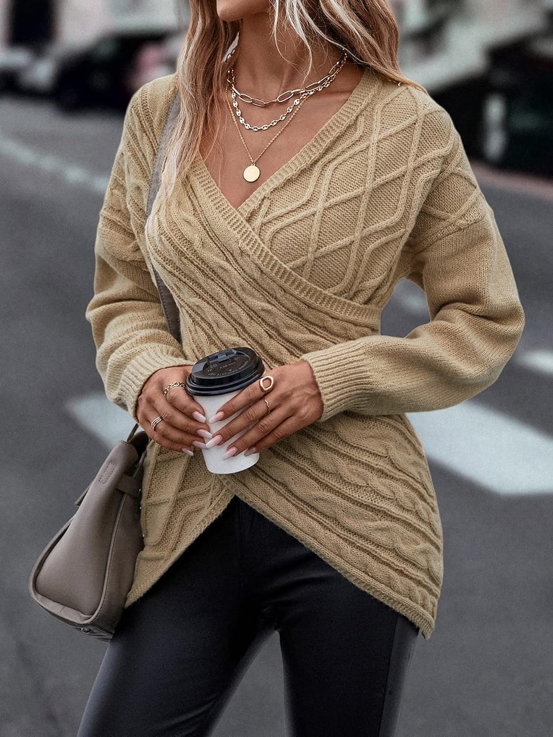 WDIRARA Women's Wrap V Neck Criss Cross Long Sleeve Asymmetrical Sweater Cable Knit Tops - Image 5