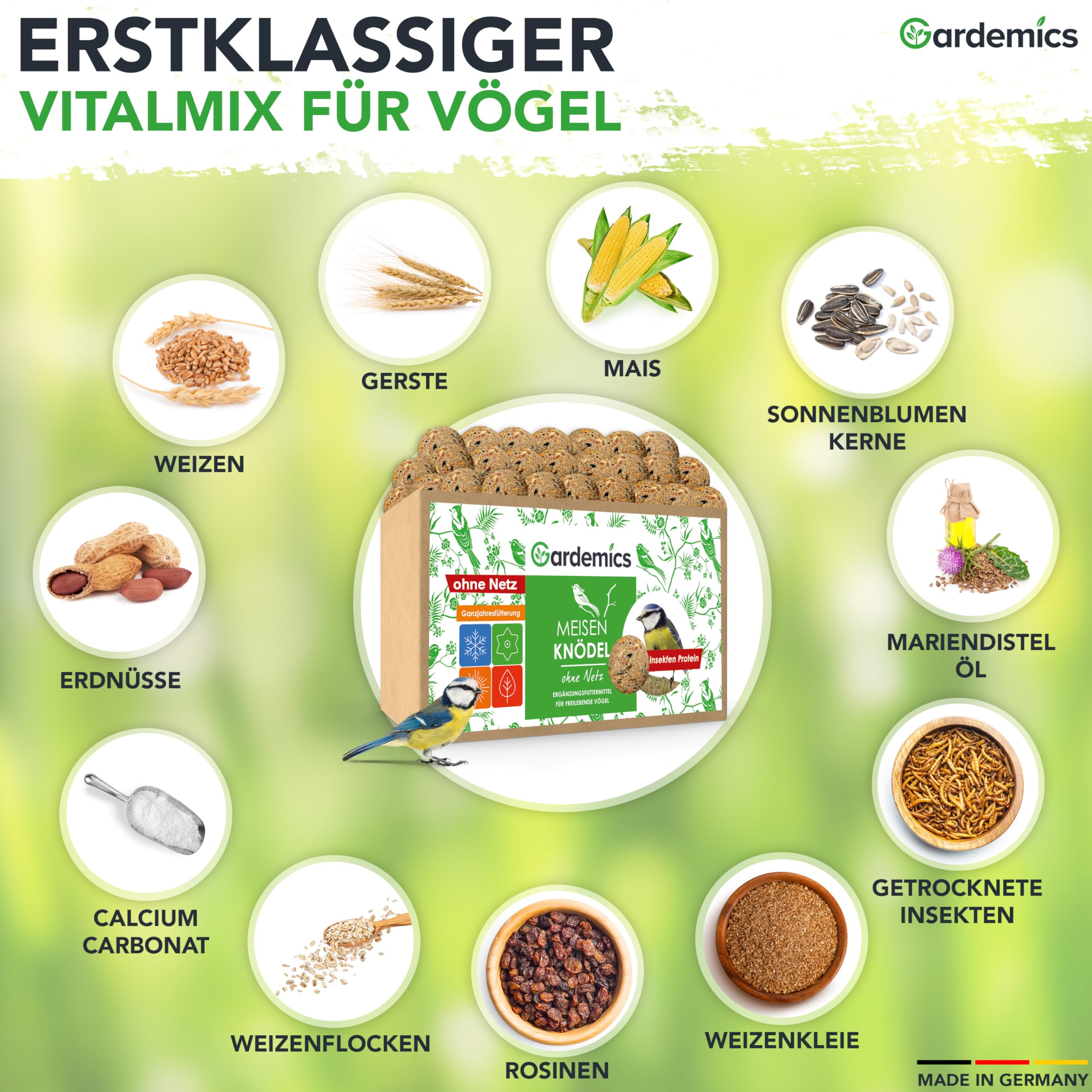 Gardemics Meisenknödel ohne Netz für Wildvögel, Insekten-Knödel [9 kg, ca. 100 Stück] Wildvogelfutter mit Insekten für Artenvielfalt im Garten | Proteinreiches Ganzjahresfutter