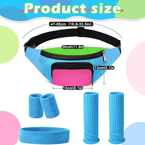 Miniatura 2 de Xuniea 6 unidades de disfraces de entrenamiento de los años 80 y 90, calentadores de piernas de neón, diadema, muñequeras, riñonera para fiestas