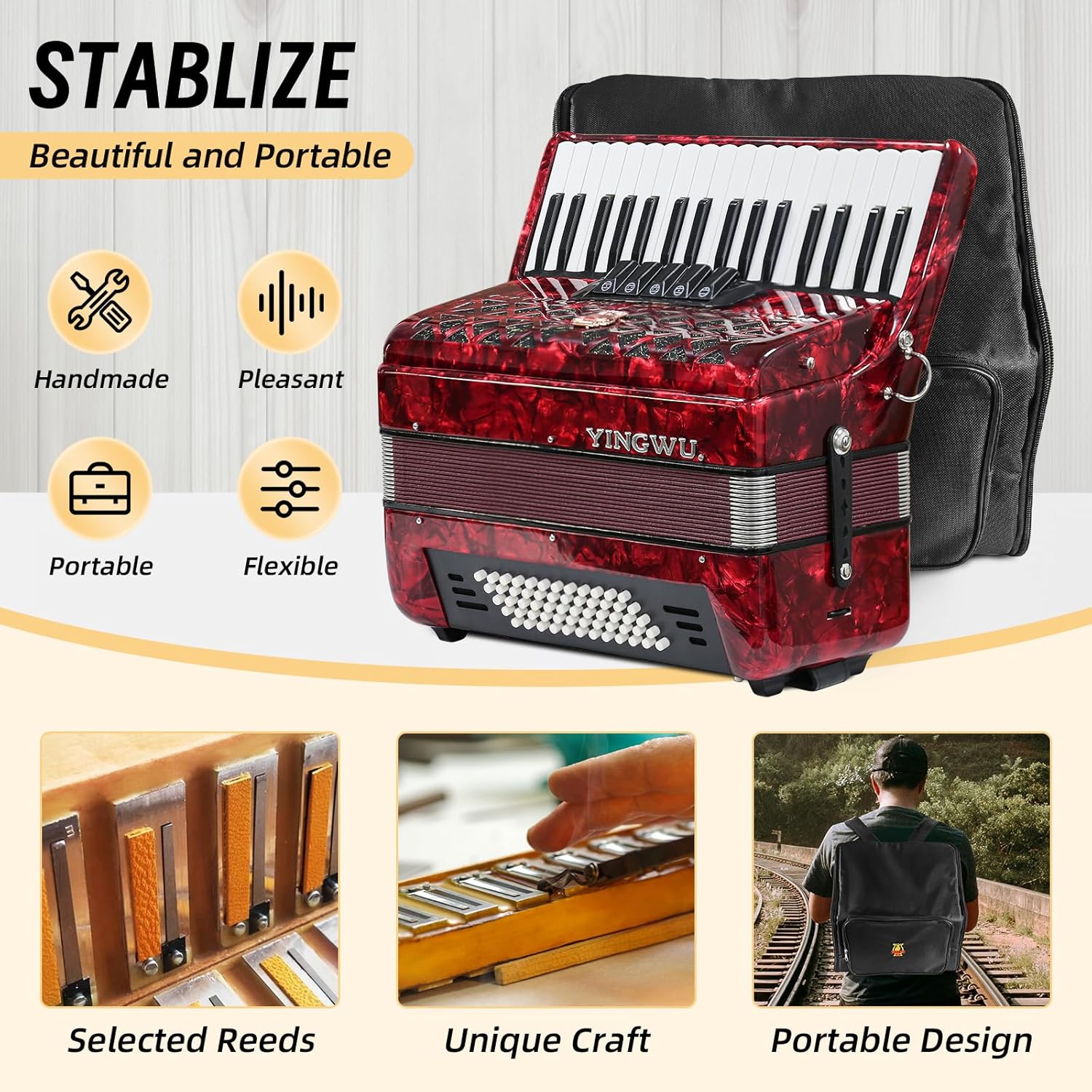 Accordion 34 Keys 60 Bass Premium Professional Accordion with German Reeds, Sealed Bellows for Beginners Adults, Stage/Studio/Home Use, W/Backpack & Carrying Strap (Red)