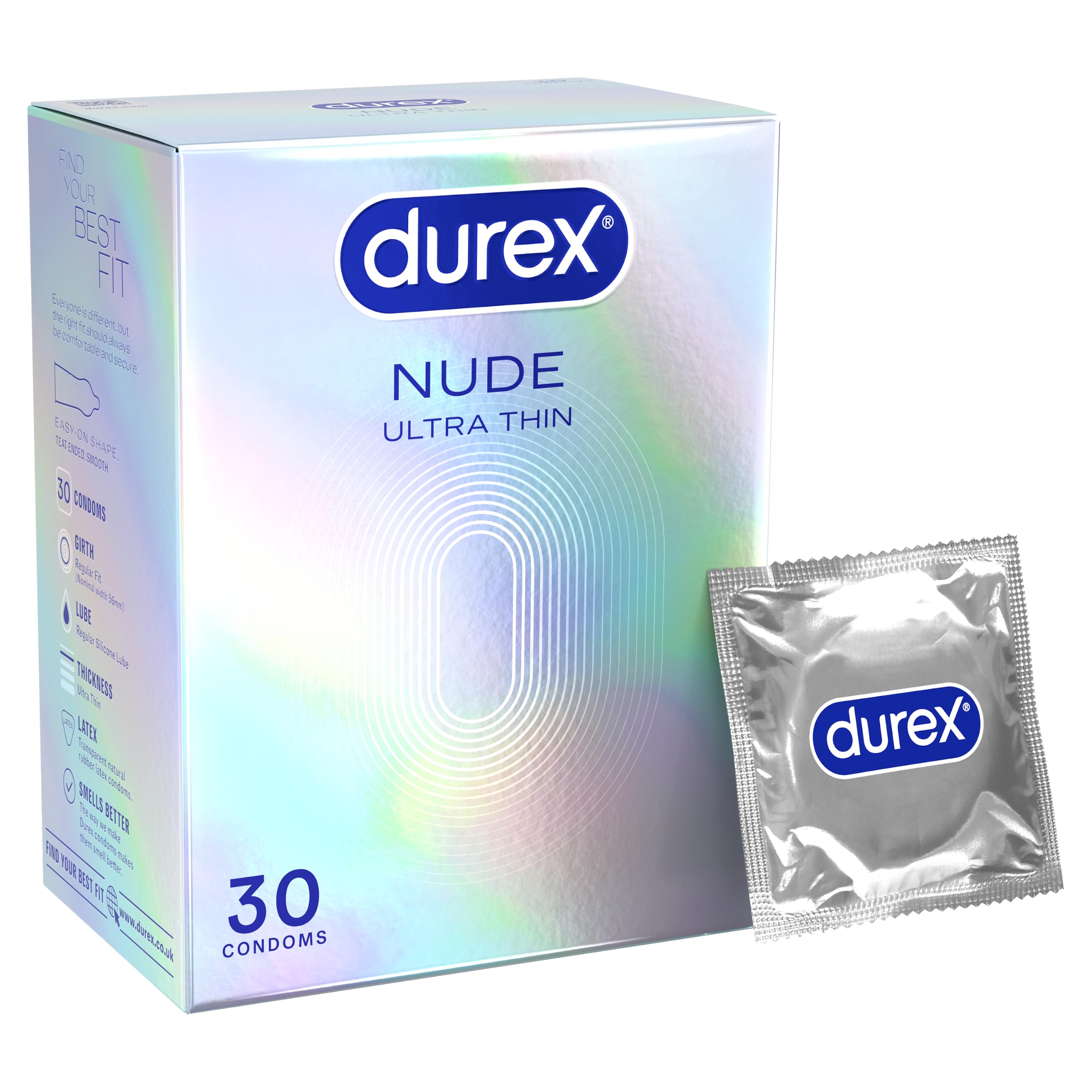 Durex Nude, 30 Condoms, Ultra Thin, Pre Lubricated, Silicone Lube