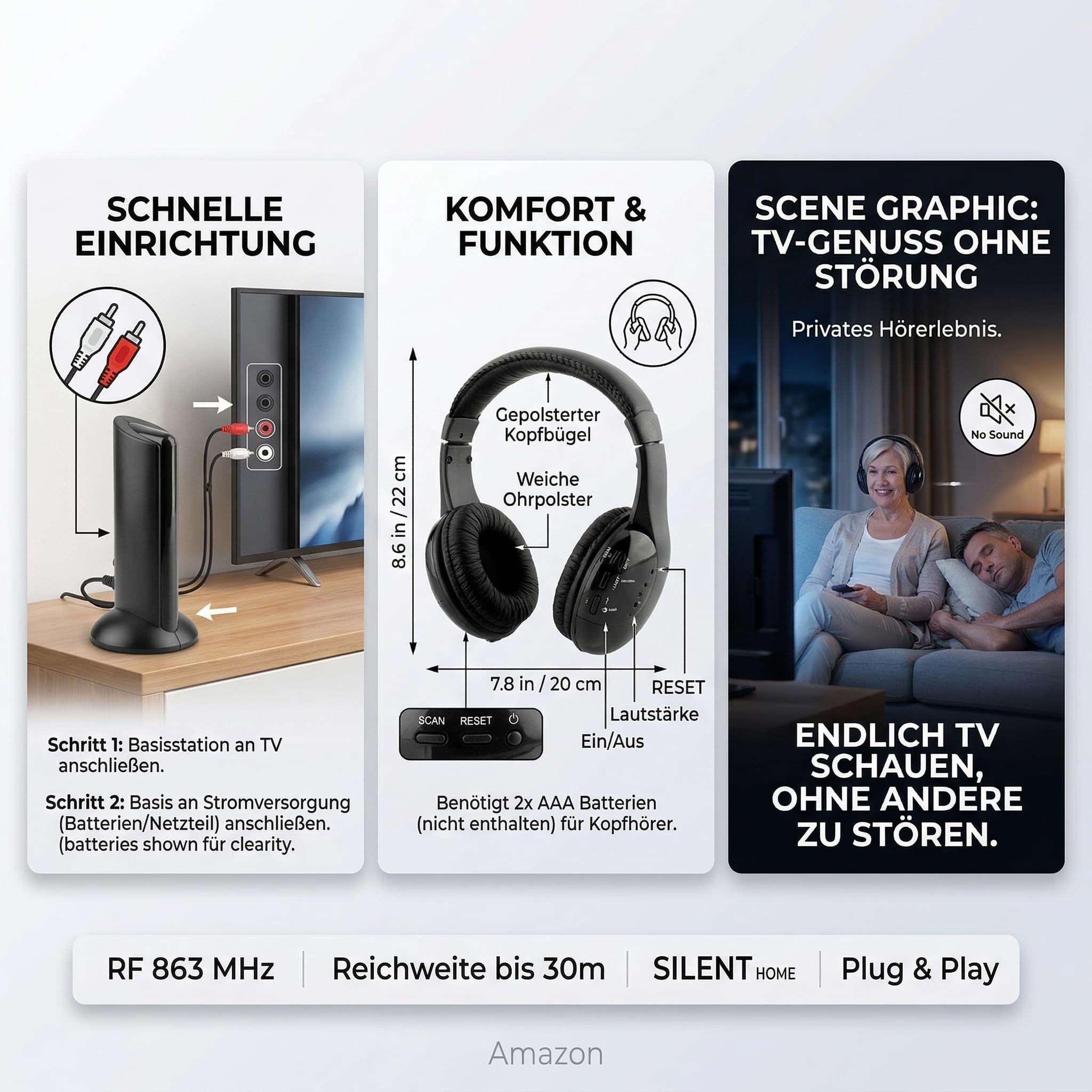 DOITOOL 5-in-1 Funkkopfhörer für Fernseher Kabellos - Over-Ear Kopfhörer mit Radio - Drahtloser TV Kopfhörer ohne Kabel - Plug & Play R-F Basisstation mit Mikrofon für PC und Stereoanlage Schwarz