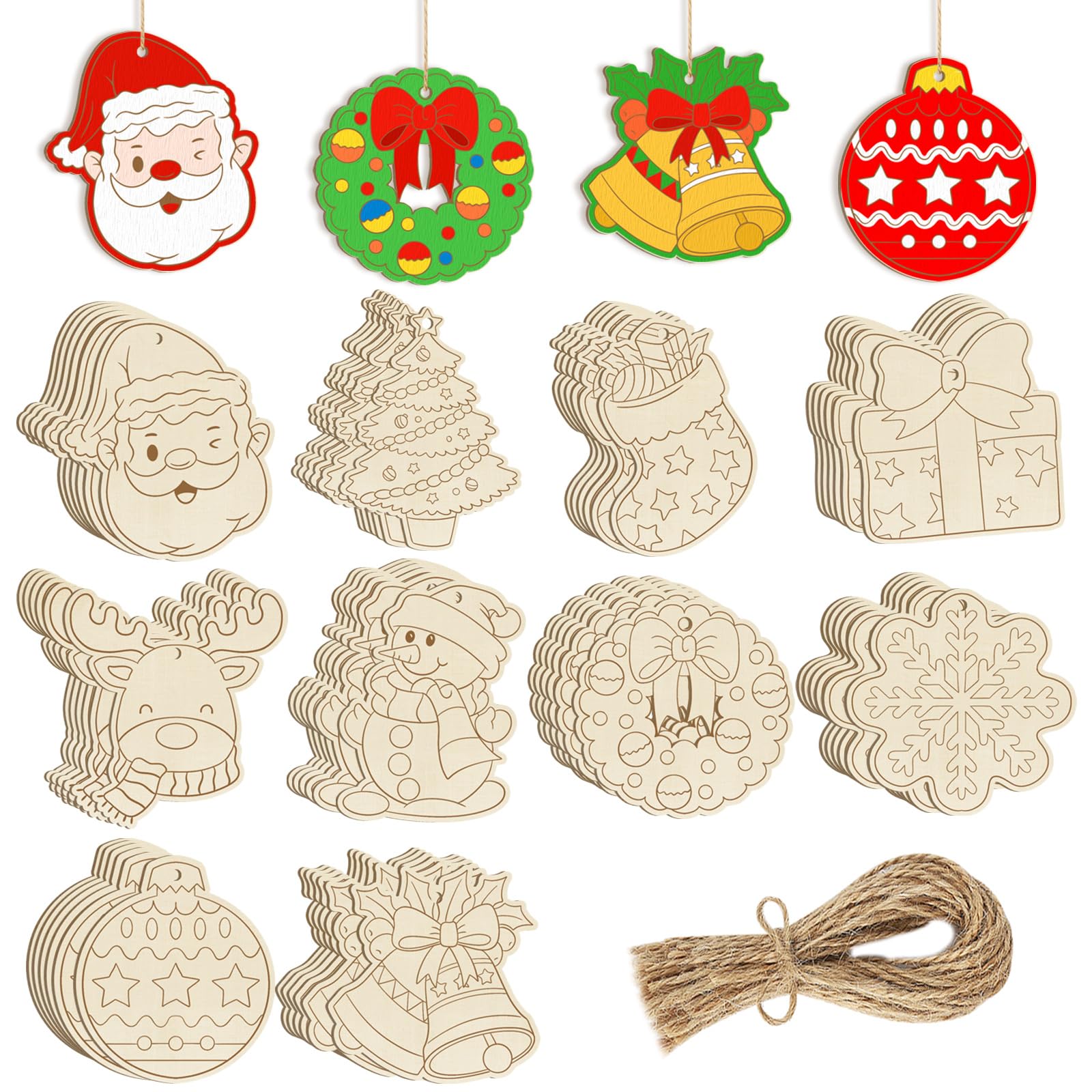 50Pcs Wooden Christmas Ornaments to Paint,10 Styles DIY Blank Unfinished Christmas Crafts Decorations,Wood Hanging Gift Tags Ornaments for Kids Winter Xmas Party Favor Supplies(Wreath) — image 1