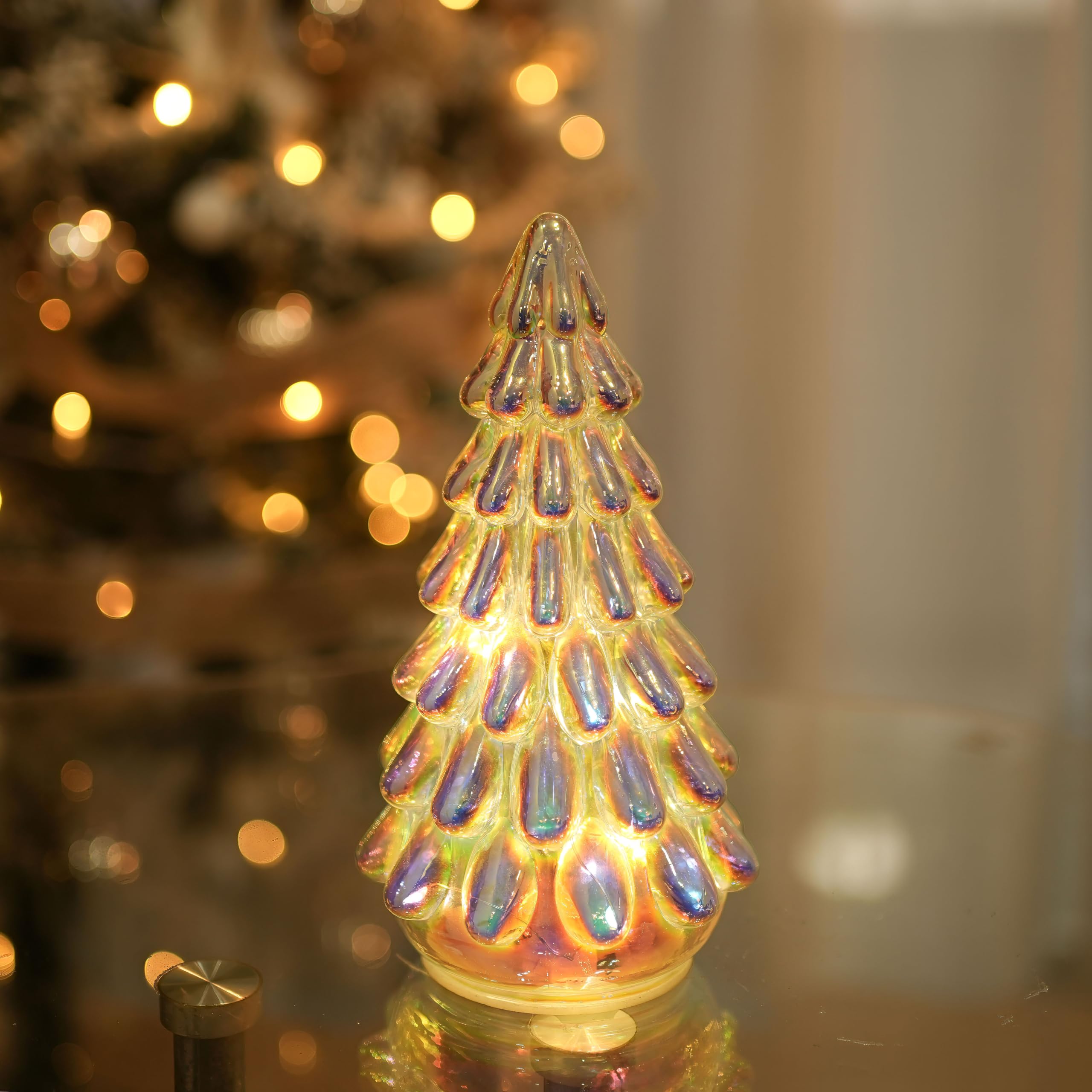 hvfun Mercury Glass Christmas Tree with Iridescent Finish, LED Light and 6-Hour Timer, Battery Operated, Holiday Decor
