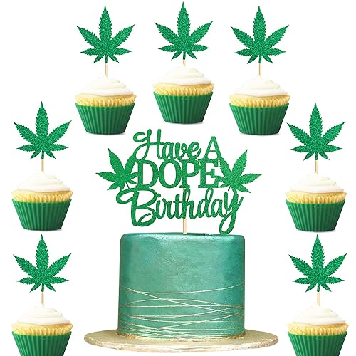 Ercadio Paquete de 25 adornos verdes con purpurina para cupcakes con hojas de maleza con decoración de pastel de cumpleaños, baby shower, boda, 420