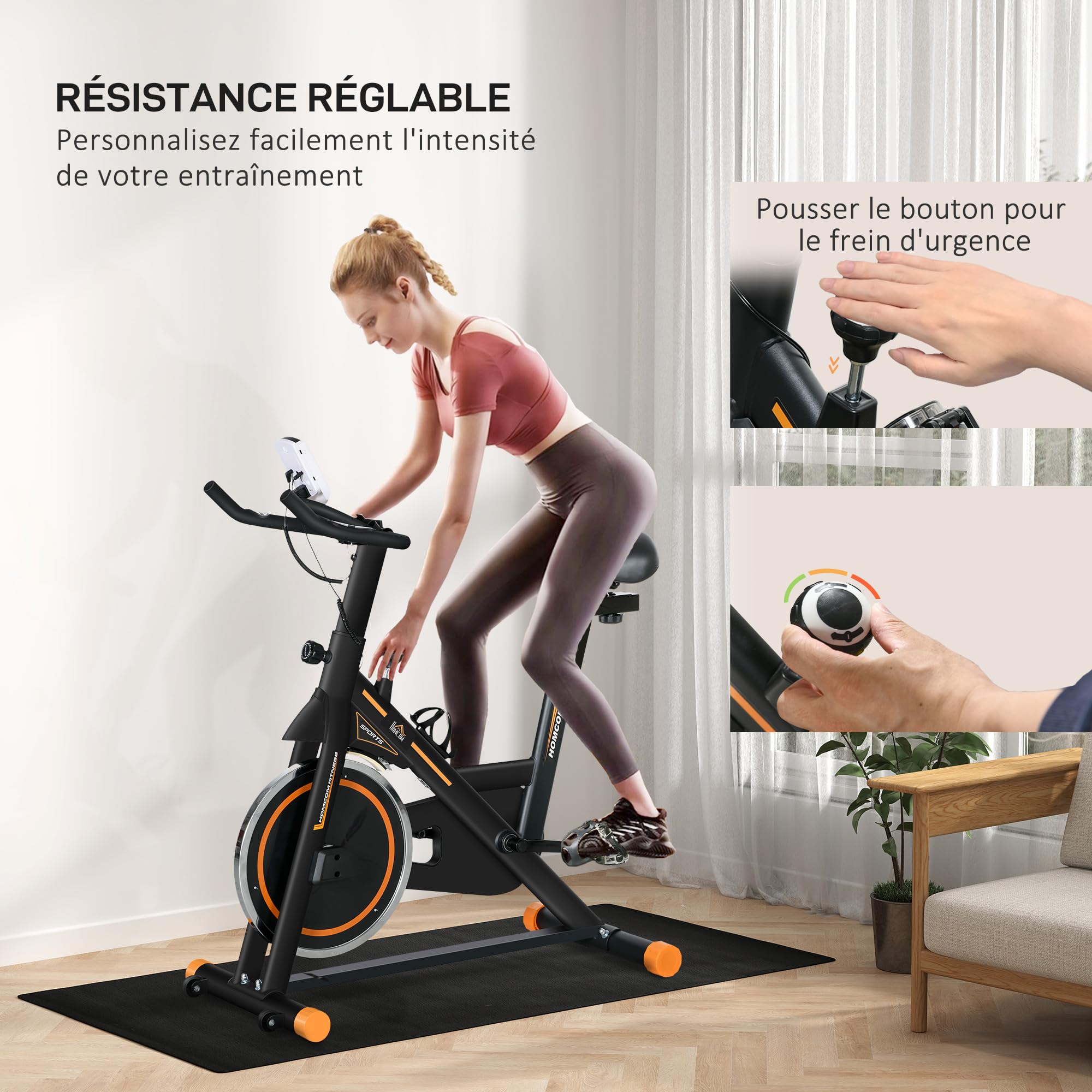 HOMCOM Vélo d'Appartement avec Écran LCD, Résistance Réglable, Charge 120 kg, Noir et Orange