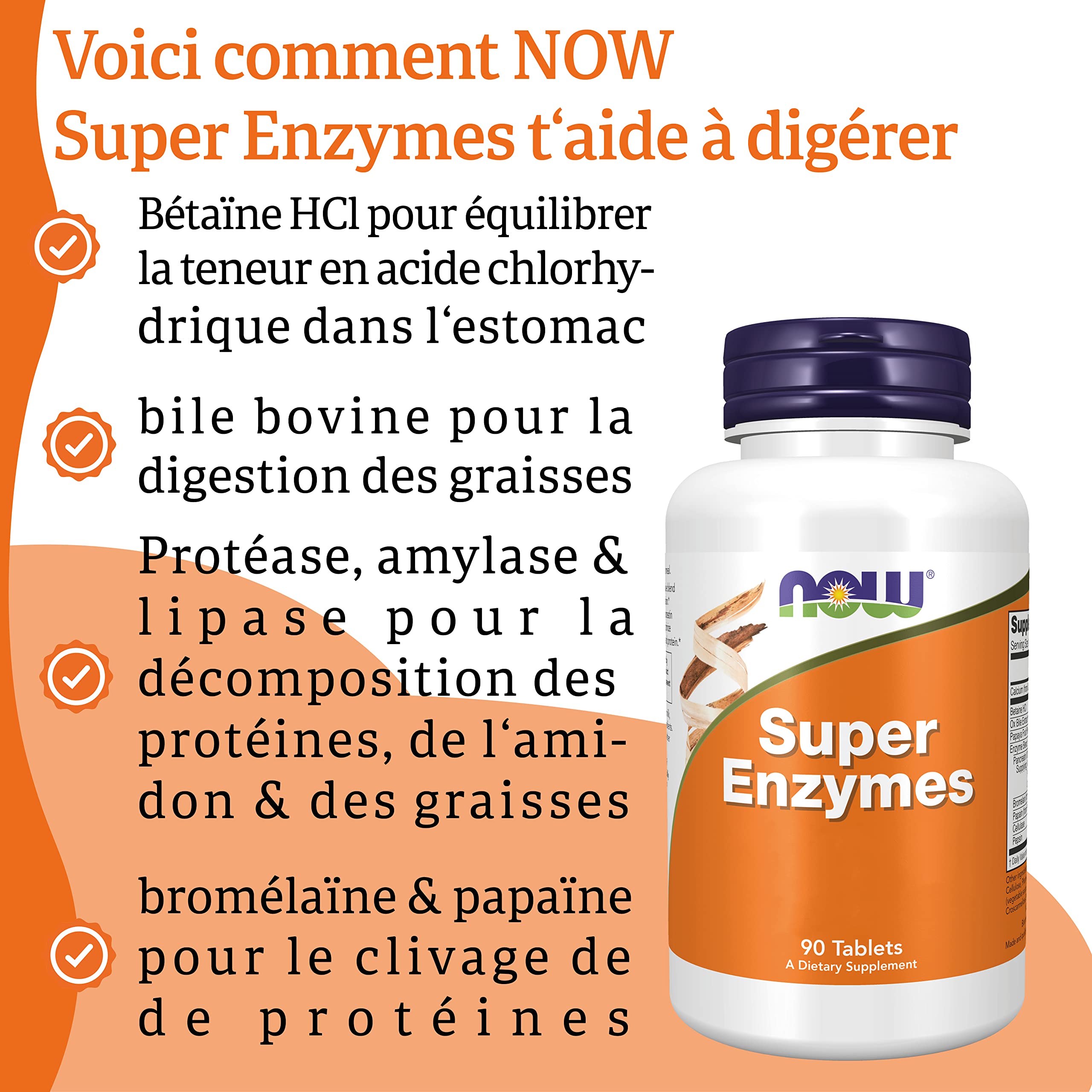 Now Foods, Super Enzyme, 90 Comprimés, Testé en Laboratoire, Dose Élevée, Calcium, Sans Gluten, Sans Soja, Sans OGM
