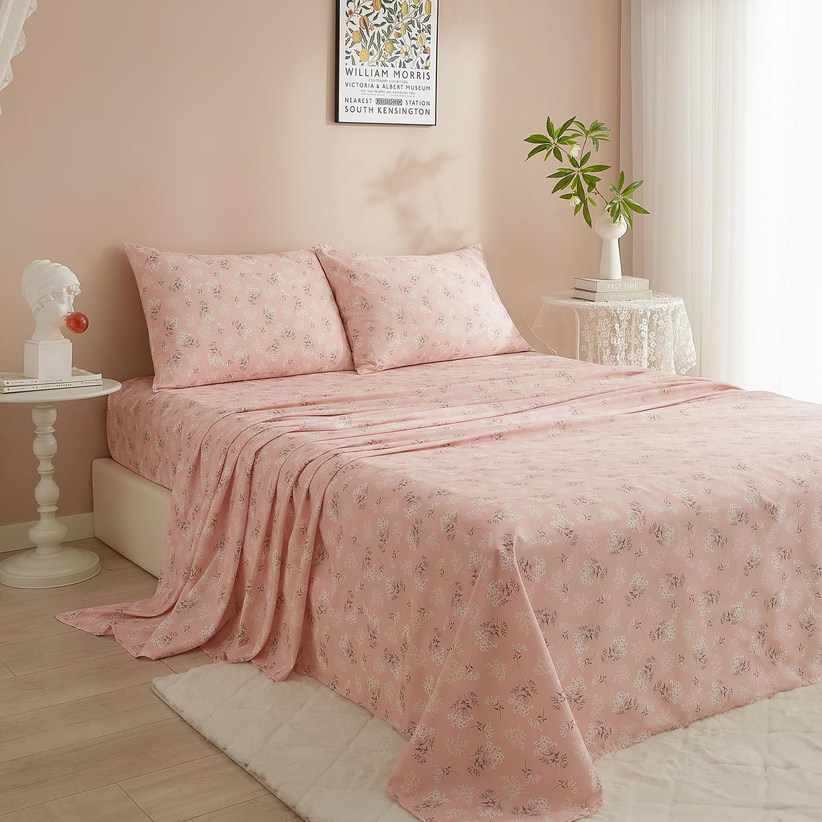 Boho Pink Floral Sheets Set Twin Size Bed Sheets Cooling Soft Botanical Flower Sheets & Pillowcase Wrinkle Free Sheets with 16