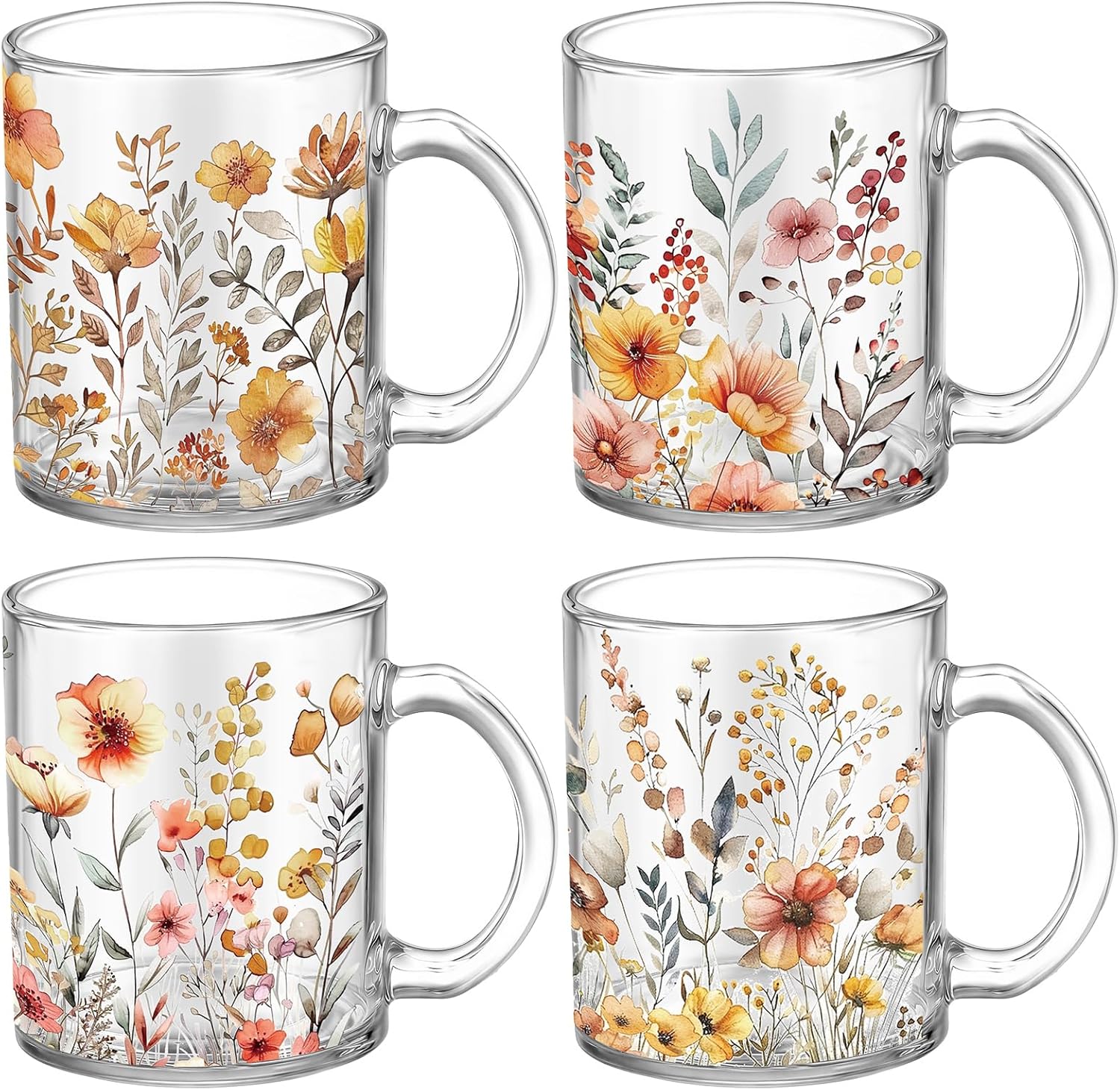 Tioncy 4 Pcs Fall Floral Coffee Mugs 12 oz Flower Glass Cups with Handle Thanksgiving Floral Coffee Cup Autumn Mug Sweet Fall Gifts Drinking Containers for Harvest Holiday Party (Wildflower)