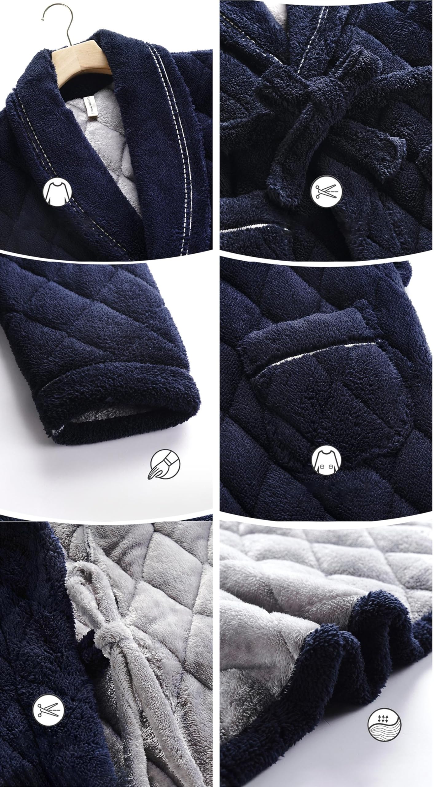 Bademantel für Herren, Herren-Fleecebademantel mit Taschen, Marineblau, Größen L bis 3XL