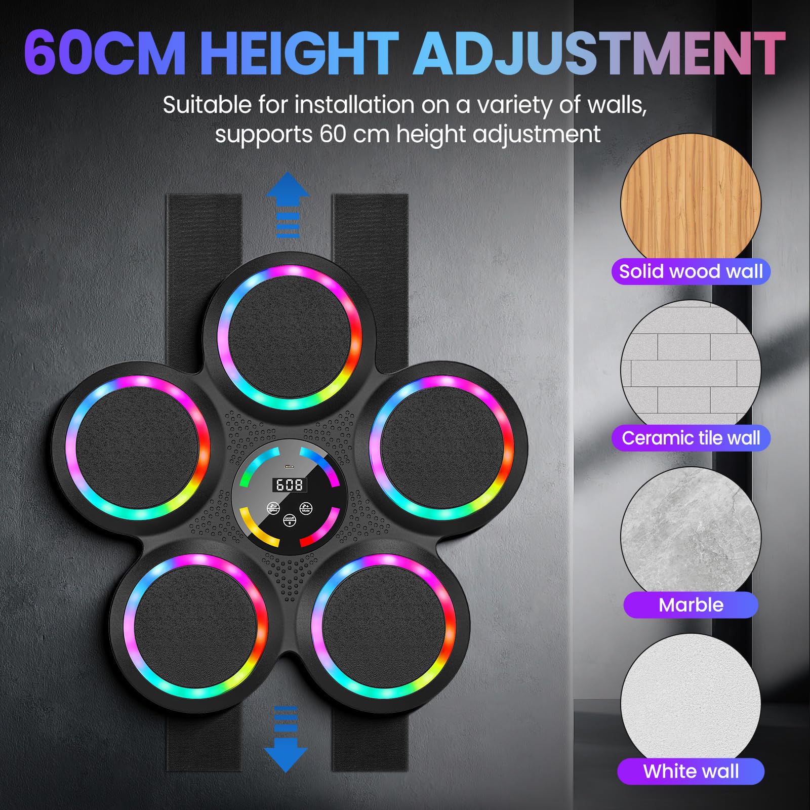 IERAKOR Máquina de Boxeo Musical de Pared con Bluetooth, 2 Pares de Guantes | Music Boxing Machine, 9 Modos y Velocidades, Luz de Color, Contador de Puntos, Deporte en Casa Antiestrés, Adultos y Niños
