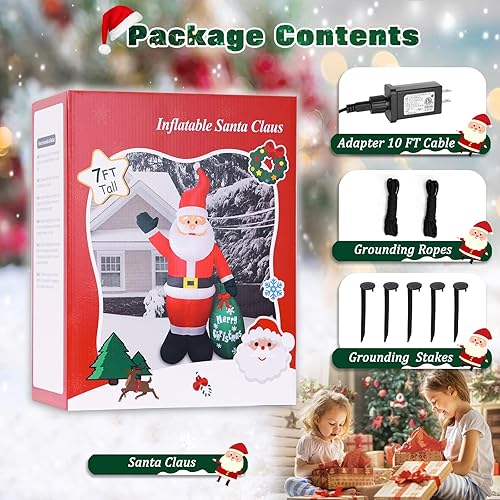 Miniatura 6 de Papá Noel inflable de Navidad de 7 pies con bolsa de regalo verde, luces LED integradas, decoración inflable de Navidad para interiores y