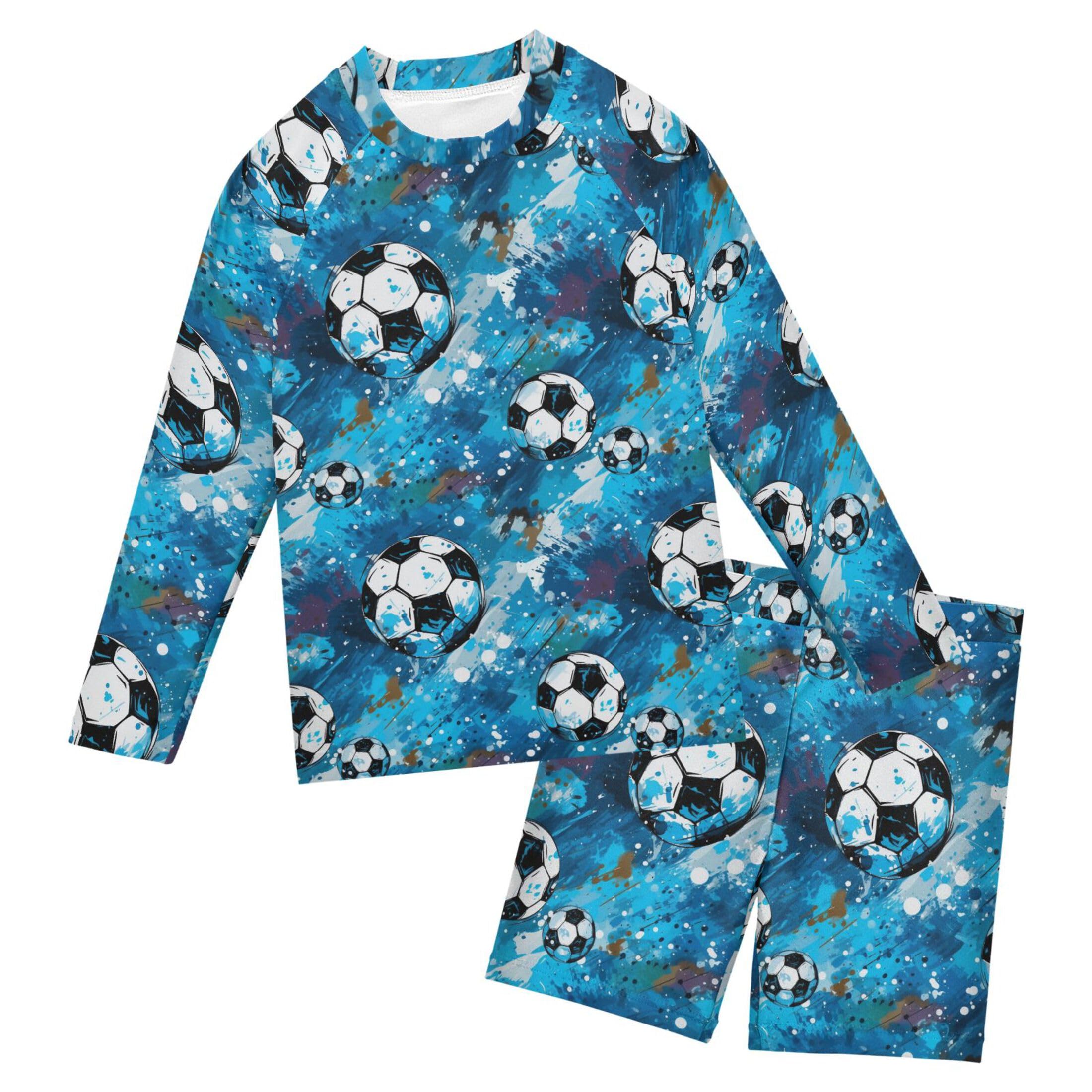 Football Soccer Sport Blue Boys Rash Guard Swimsuits Set for Boys Long Sleeve Swim Shirts Bathing Suits B0402950