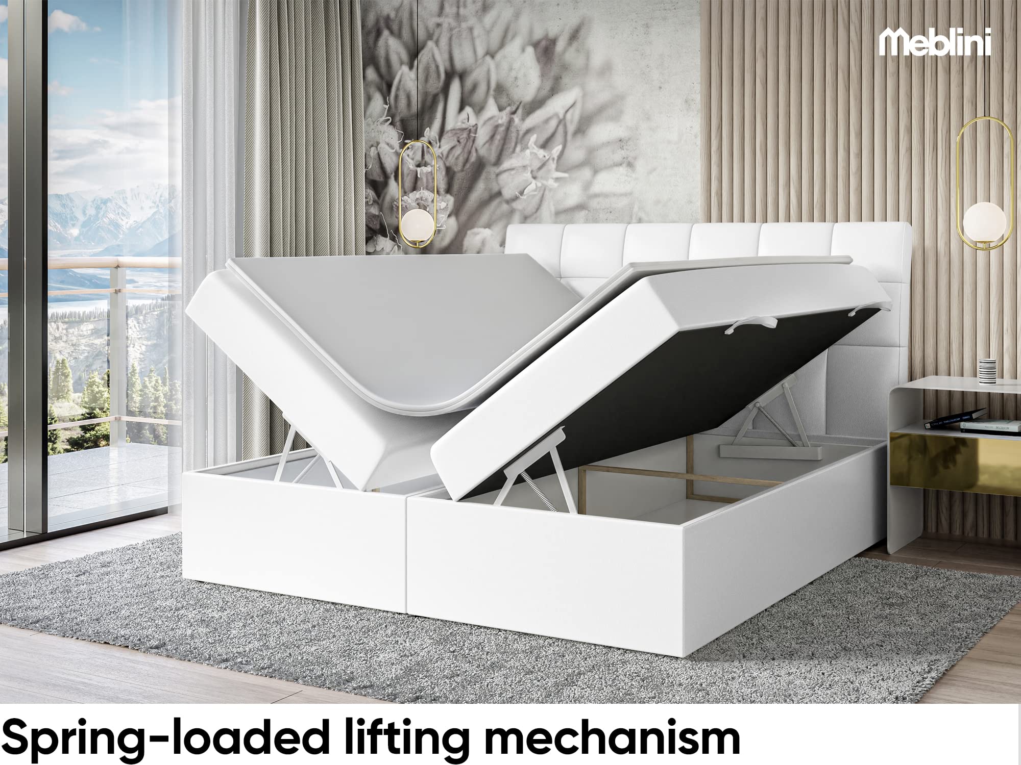 MEBLINI Boxspringbett mit Bettkasten - Gepolstert Doppelbett mit Matratze und Topper - Polsterbett mit Stauraum - Bett mit Kopfteil - Stauraumbett - Drago - 180x200 - H3/Weiß Kunstleder