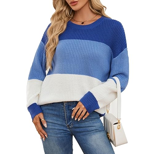Women's Striped Color Block Sweater Long Sleeve Crewneck Casual Loose