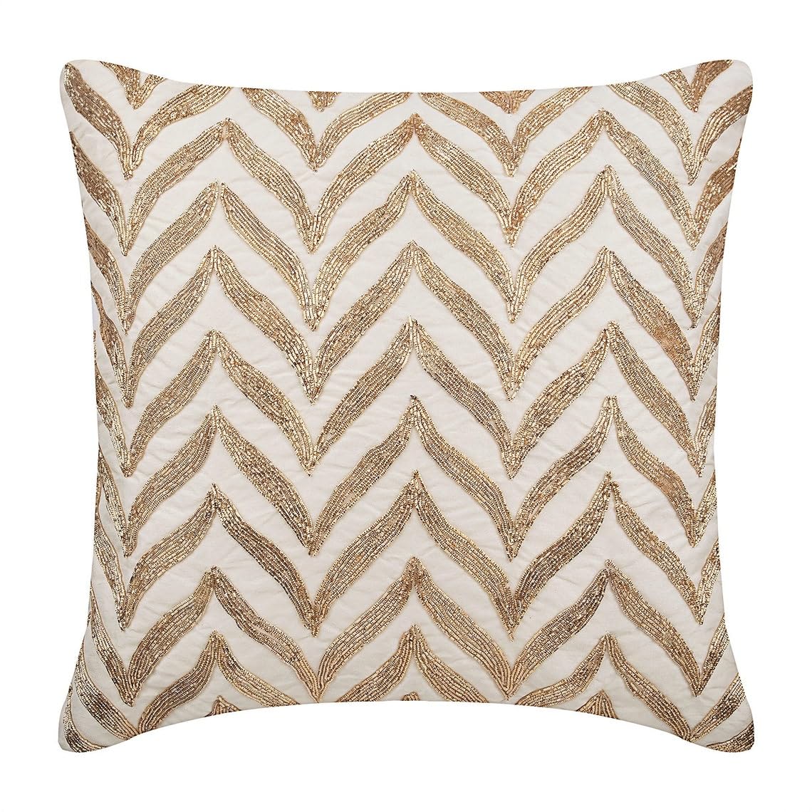 The HomeCentric Decorative White Cushion Cover Pack of 2, 35x35 cm (14"x14") Art Deco Geometric Zardozi Square Throw Pillow Cover, Cotton Linen Contemporary Cushion Cover UK, Chevron - Golden Divide โ image 1