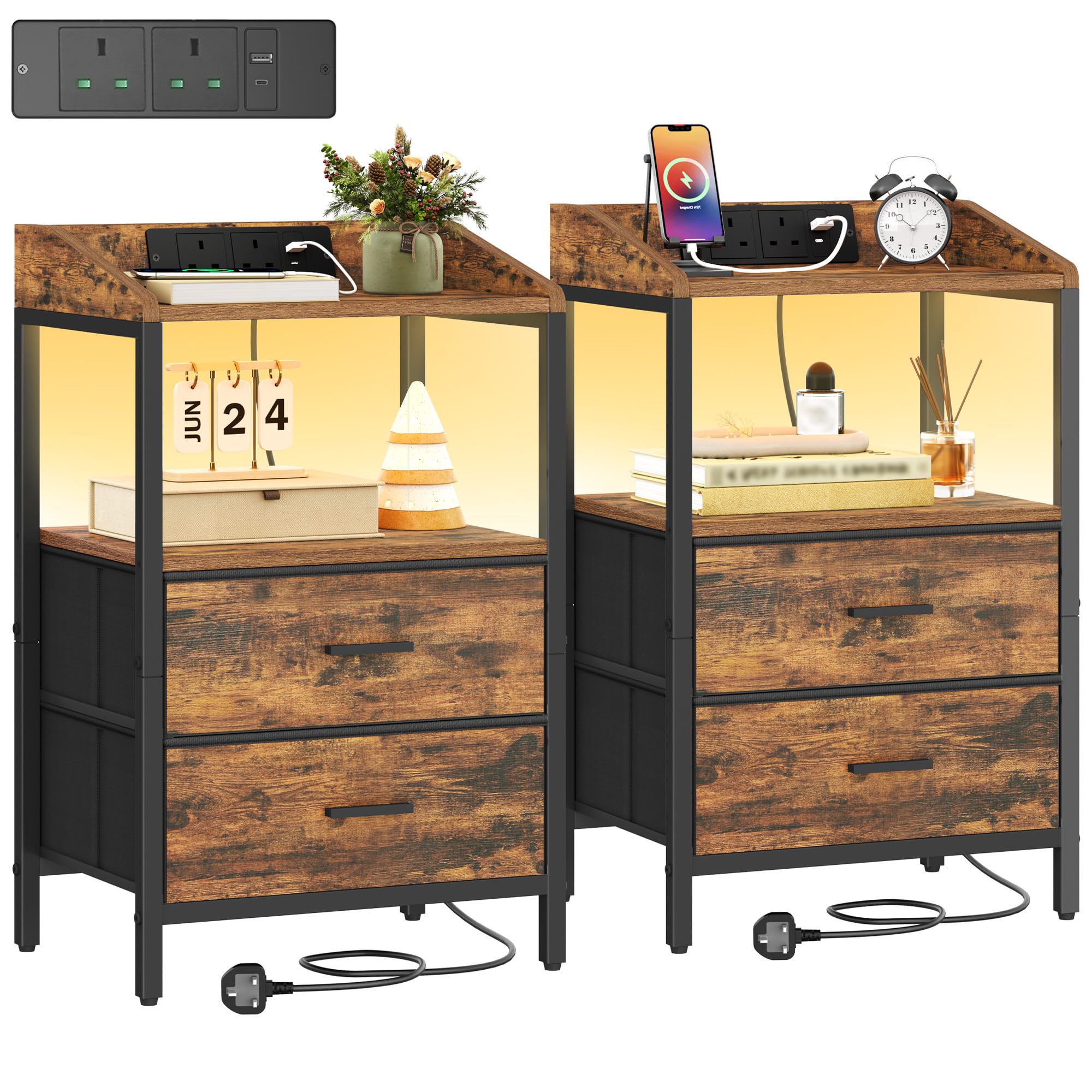 Hzuaneri Bedside Tables Set of 2 with LED Lights and Charging Station, Bedside Cabinet with 2 Fabric Storage Drawers, Nightstand with USB Ports & TypeC for Bedroom, Livingroom, Rustic Brown NS36201BUK