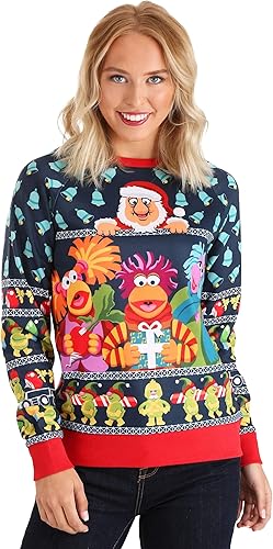 FUN.COM Suéter feo de Navidad sublimado Fraggle Rock para adultos