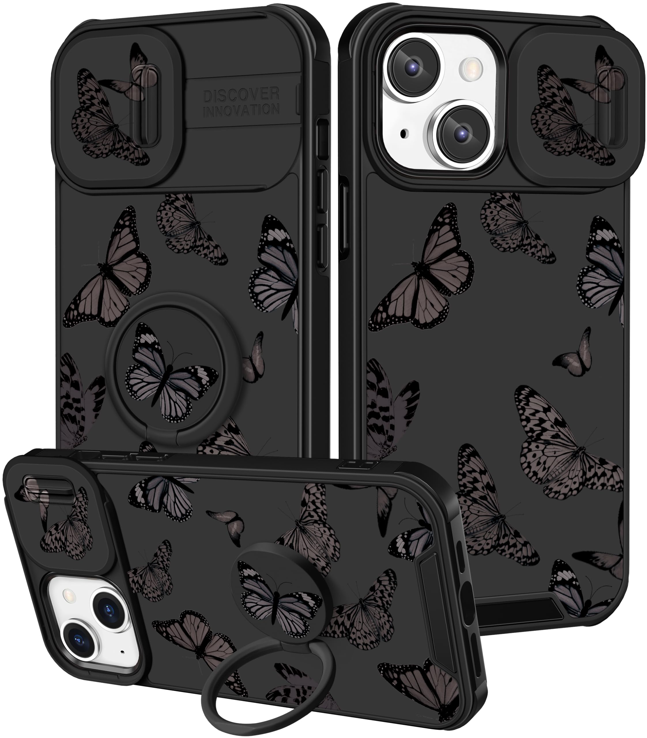 Funermei for iPhone 13/for iPhone 14 Case - Women Girls Cute Phone Cover Girly Pretty Aesthetic Black Butterfly Unique Design with Camera Cover Funda for Apple for iPhone 13/for iPhone 14
