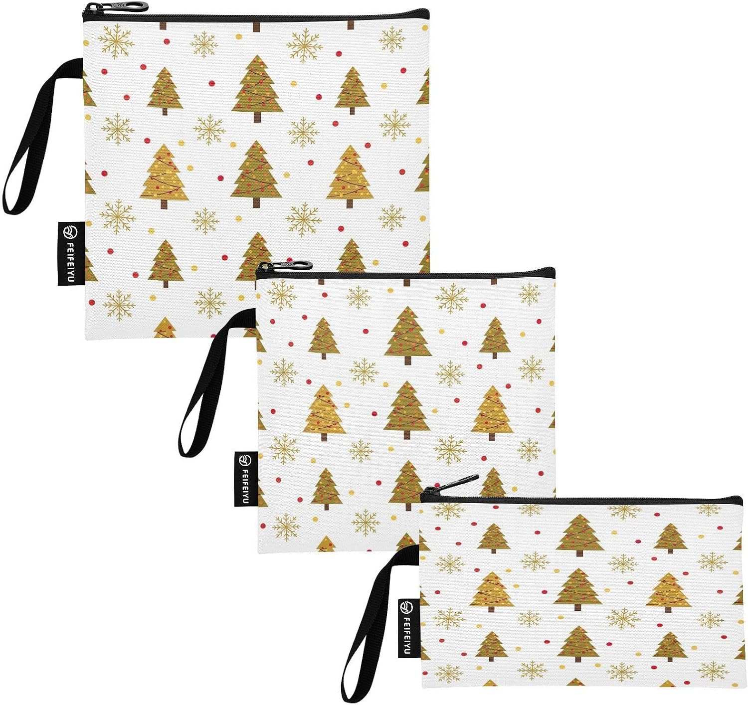 Gold Christmas Trees Snack Sandwich Bags Reusable Washable Fabric Food Storage Bags with Zipper for Kids Students Adults (Set of 3: S/M/L)