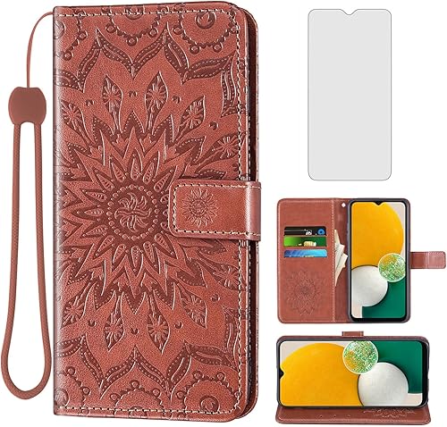 Funda de teléfono para Samsung Galaxy A13 5G con protector de pantalla de vidrio templado y funda delgada de cuero, soporte para tarjetas,