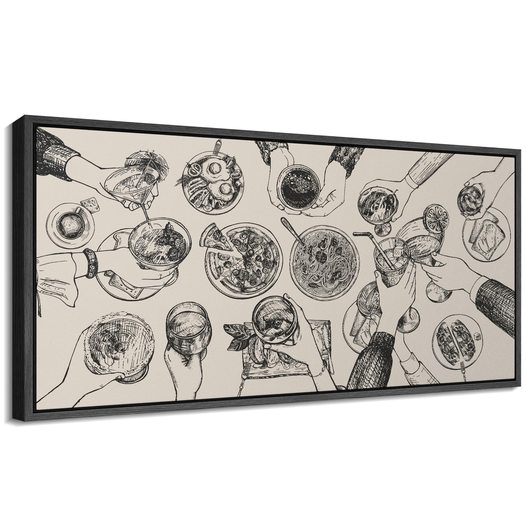 mudecor extra large framed canvas print wall art gathering table illustration vintage black and white food scene antique retro ready to hang painting for living room bedroom multi-sizes - 60"x30"