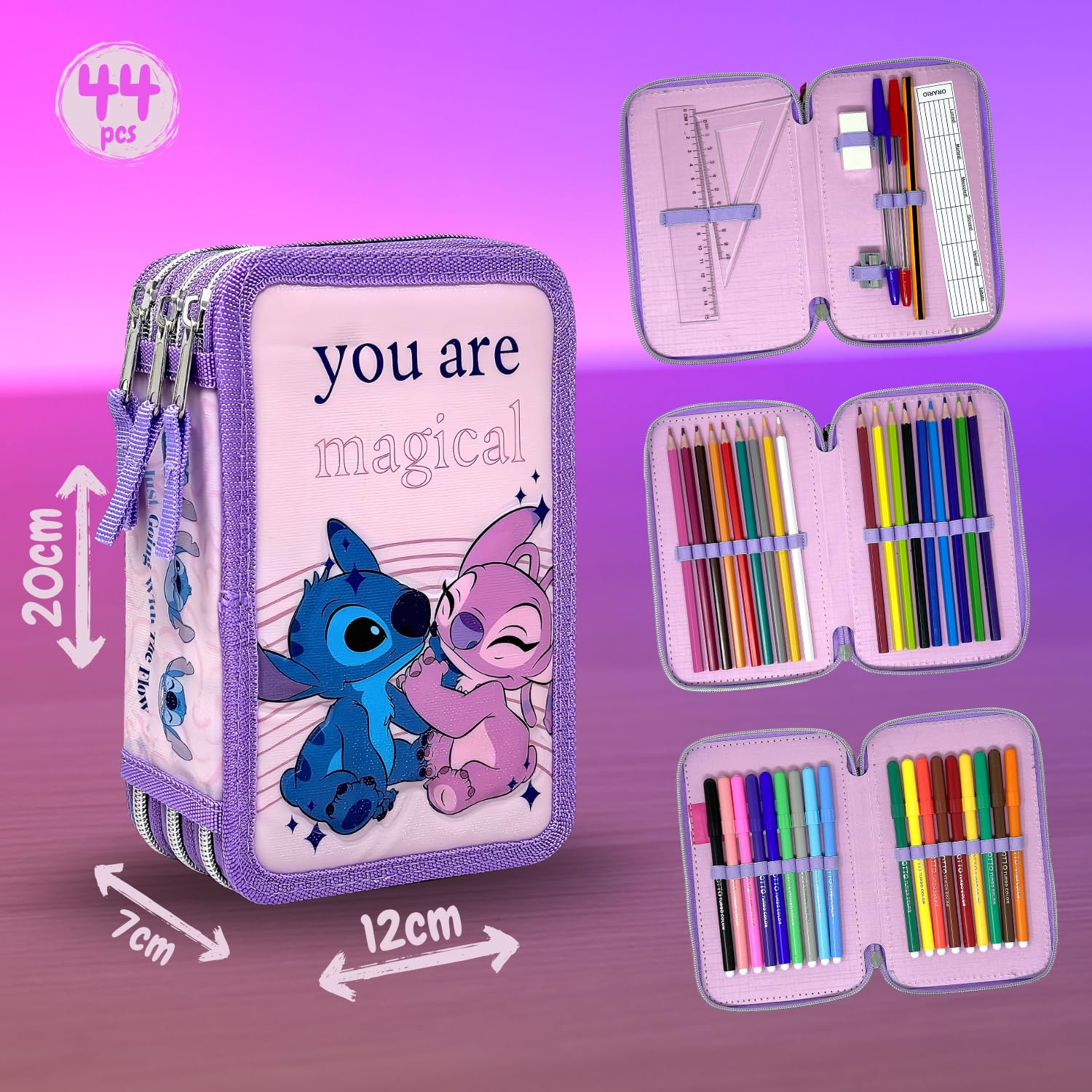 Clondo Astuccio 3 Scomparti 3D Bambini Stitch Angel Fan 44 Accessori Scuola Elementare 20 cm