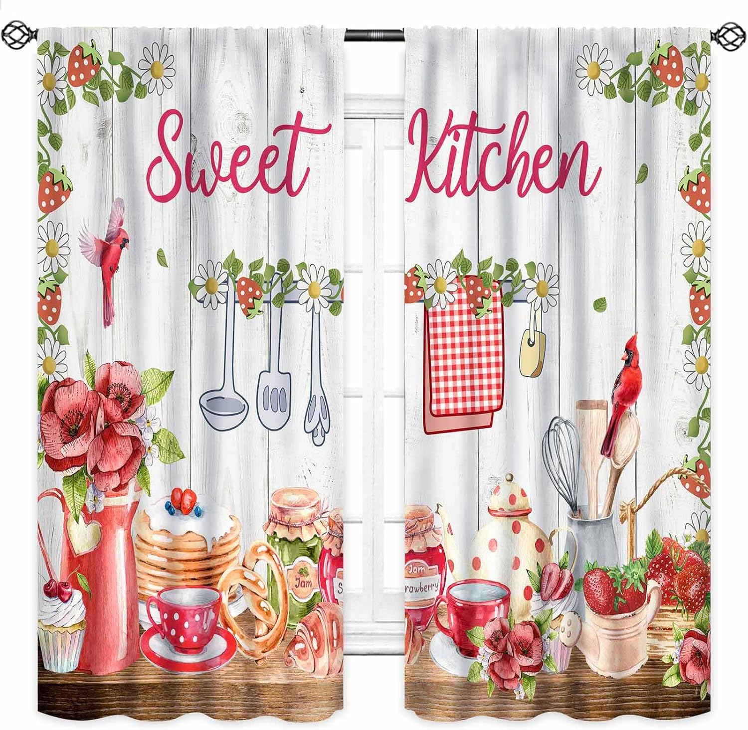 Rustic Farmhouse Kitchen Curtains,Watercolor Strawberry Floral Fruit Dessert Wood Board Red Watercolor Rod Pocket Country Bedroom Living Room Treatment,42X54 Inch