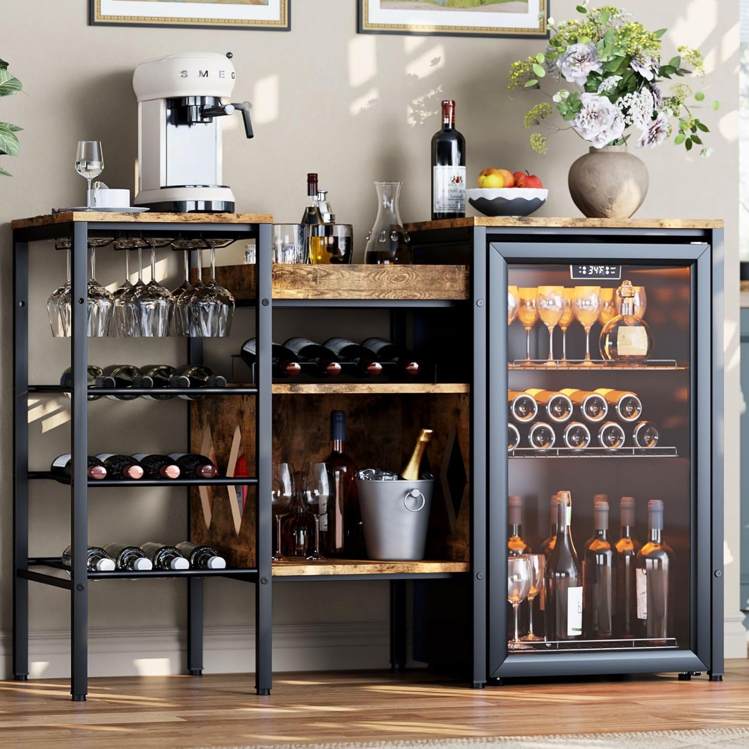 Loomie Mini Fridge Cabinet Stand w/Storage, Coffee Bar Cabinet w/Mini Fridge Space, 53.5" W Bar Stand w/Wine Rack & Glass Holder, Microwave Stand Bakers Rack w/Reversible Frame for Kitchen Dorm