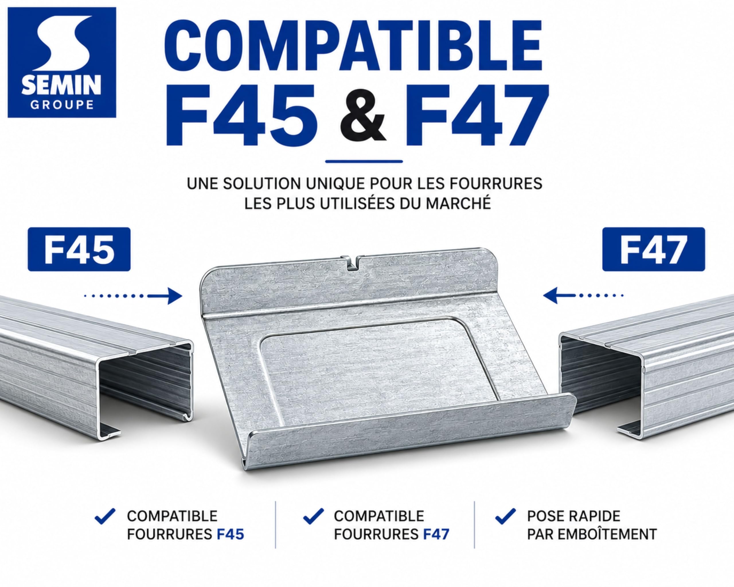 SEMIN Raccord de Fourrure RAC 47 – Boîte de 50 Pièces – Acier Galvanisé – Compatible Fourrures 45 et 47 mm – Jonction Profilés pour Plafond Plaque de Plâtre – Pose Rapide