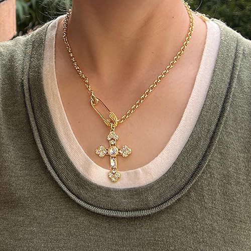 Miniatura 6 de Collar de cruz de oro para mujer, delicado collar con colgante de cruz chapado en oro de 14 quilates, collar de moda con dije de fe para mujer