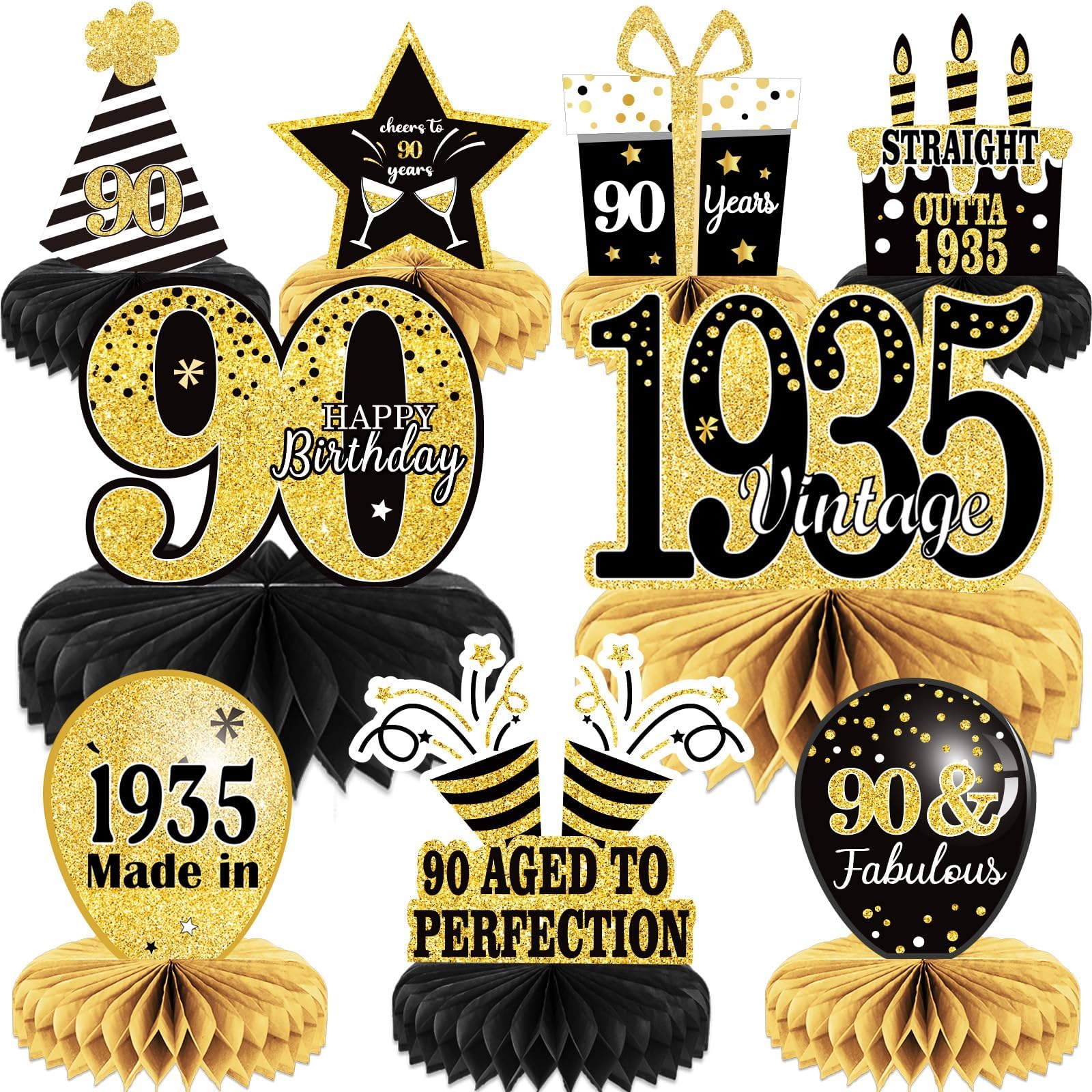 9PCS 90th Birthday decorations 90th birthday Centerpieces for Tables Decorations Vintage 1935 Honeycomb Table Topper Back in 1935 90th Birthday Decorations for Men and Woman 90 Years Birthday Party