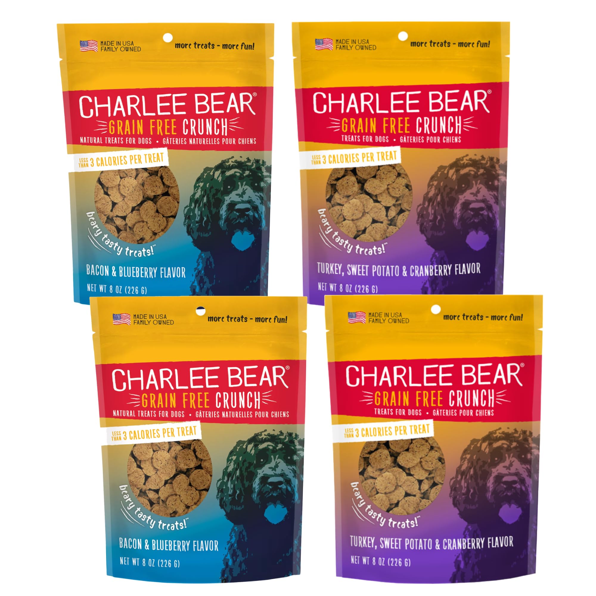 Dogs Training Treat, Crunchy, Low Calorie, Grain Free Dog Treats, Made in USA, Best for Small and Medium Breeds, Bacon Blueberry & Turkey Sweet Potato Cranberry, 4 Pack 8oz Each