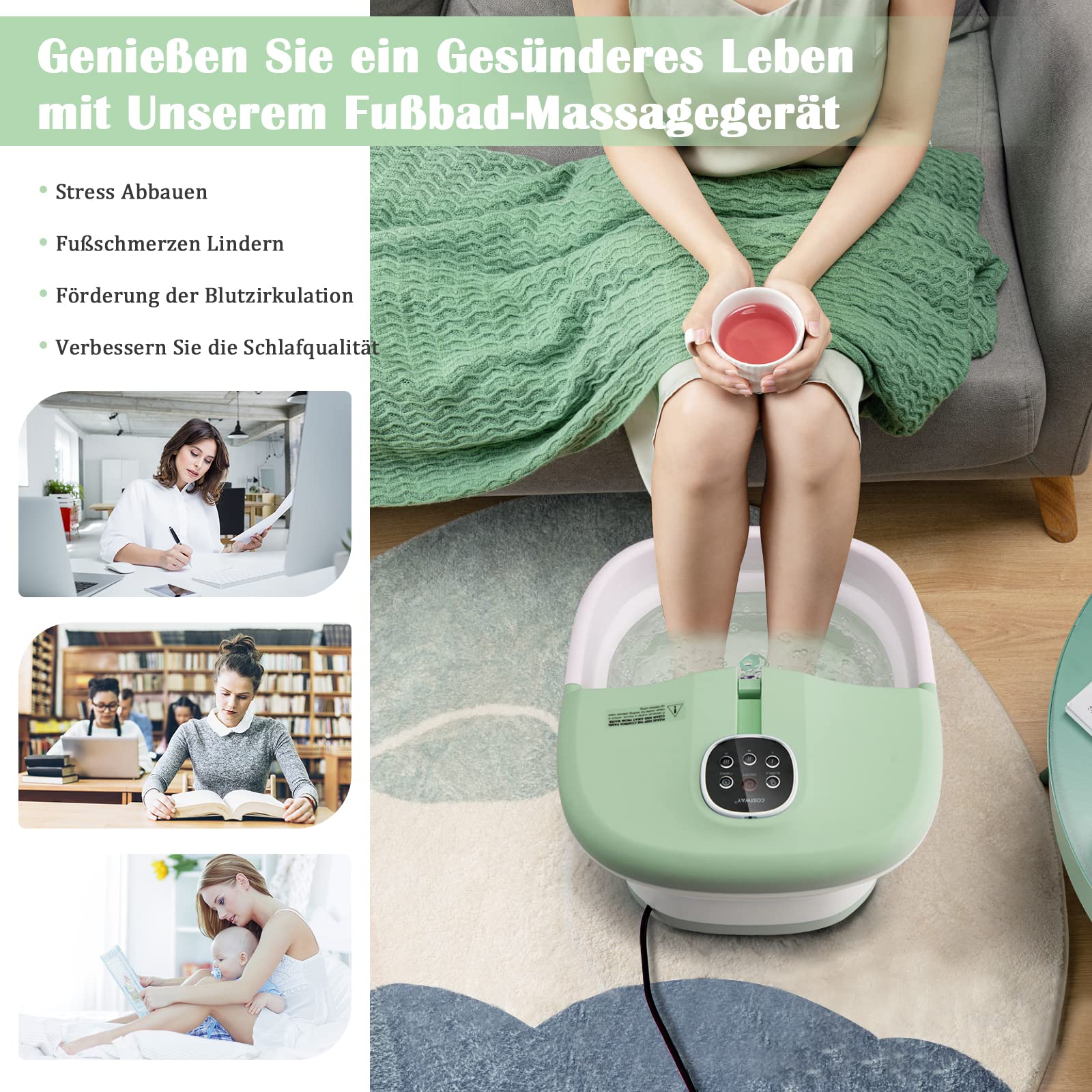 COSTWAY Fußbad Massagegerät faltbar, Elektrische Fußbadewanne Heizung und Sprudelmassage, Fußmassage Spa mit Massagerollen, Bimsstein, Blubberblasen (Grün)