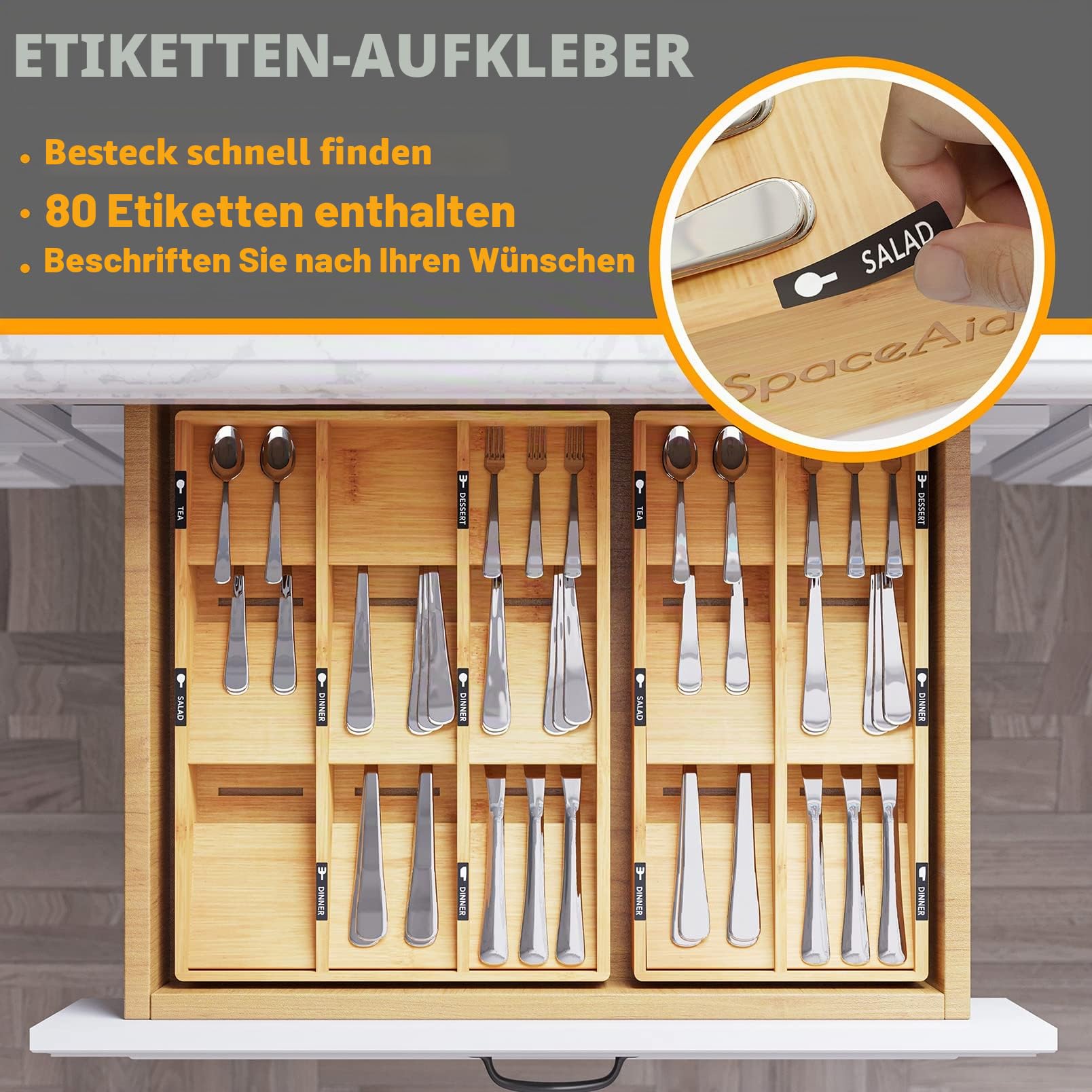 SpaceAid Schubladen-Organizer aus Bambus mit Etiketten, Küchenutensilien-Tablett, Organizer für Besteck, Besteck, Löffel und Messer, Schubladenaufbewahrung (Natur, 6 Fächer)