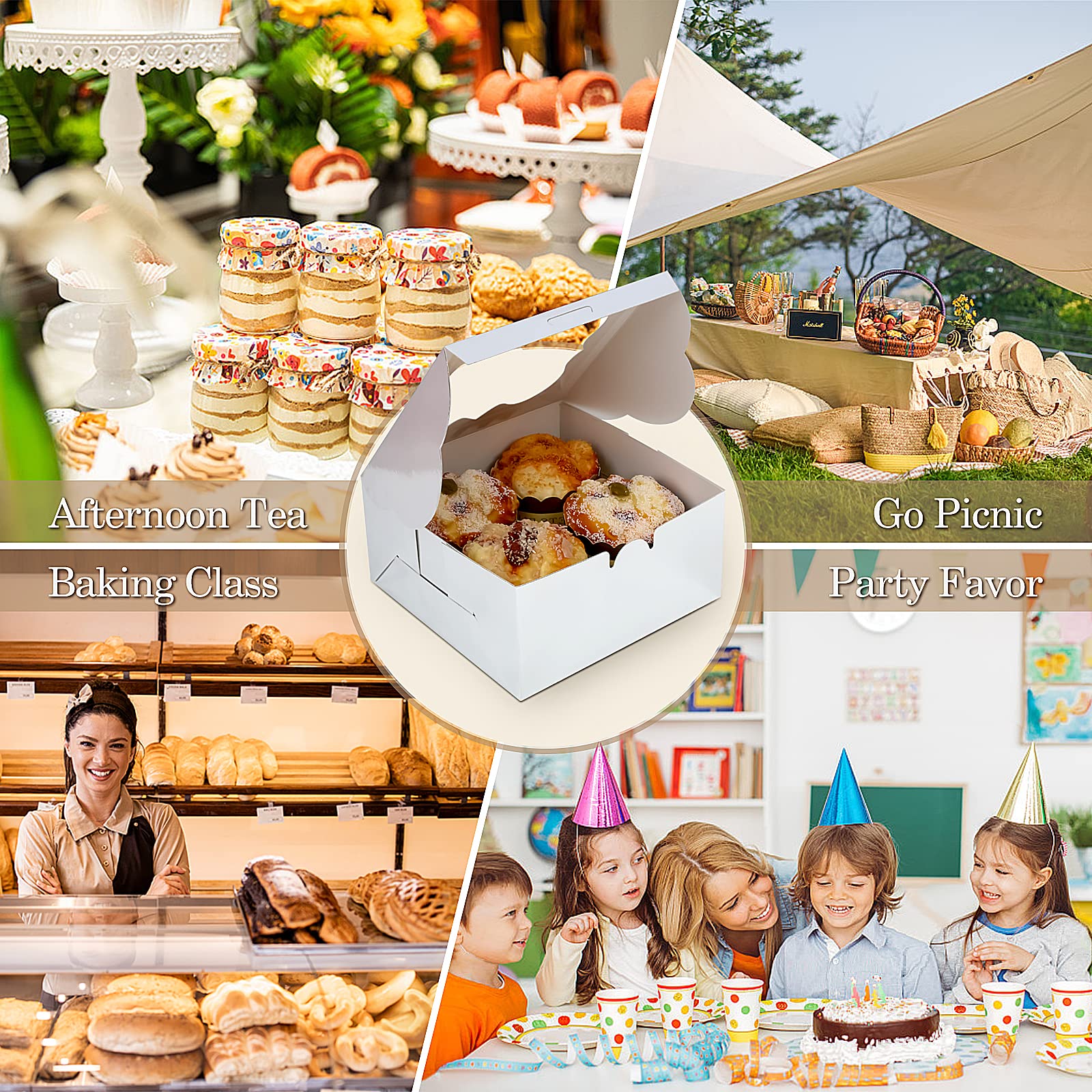 KPOSIYA 65 cajas de panadería con ventana de 6 x 6 x 3 pulgadas, 5 estilos de cajas de galletas pequeñas para dulces, postres, pasteles, donas, fiesta de cumpleaños, boda (plata)
