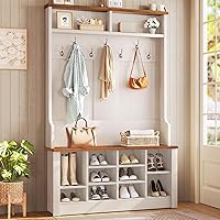 Vista 8 de Itaar Perchero de pie con banco y almacenamiento de zapatos, banco de entrada con perchero, zapatero con ganchos para abrigos, marrón rústico