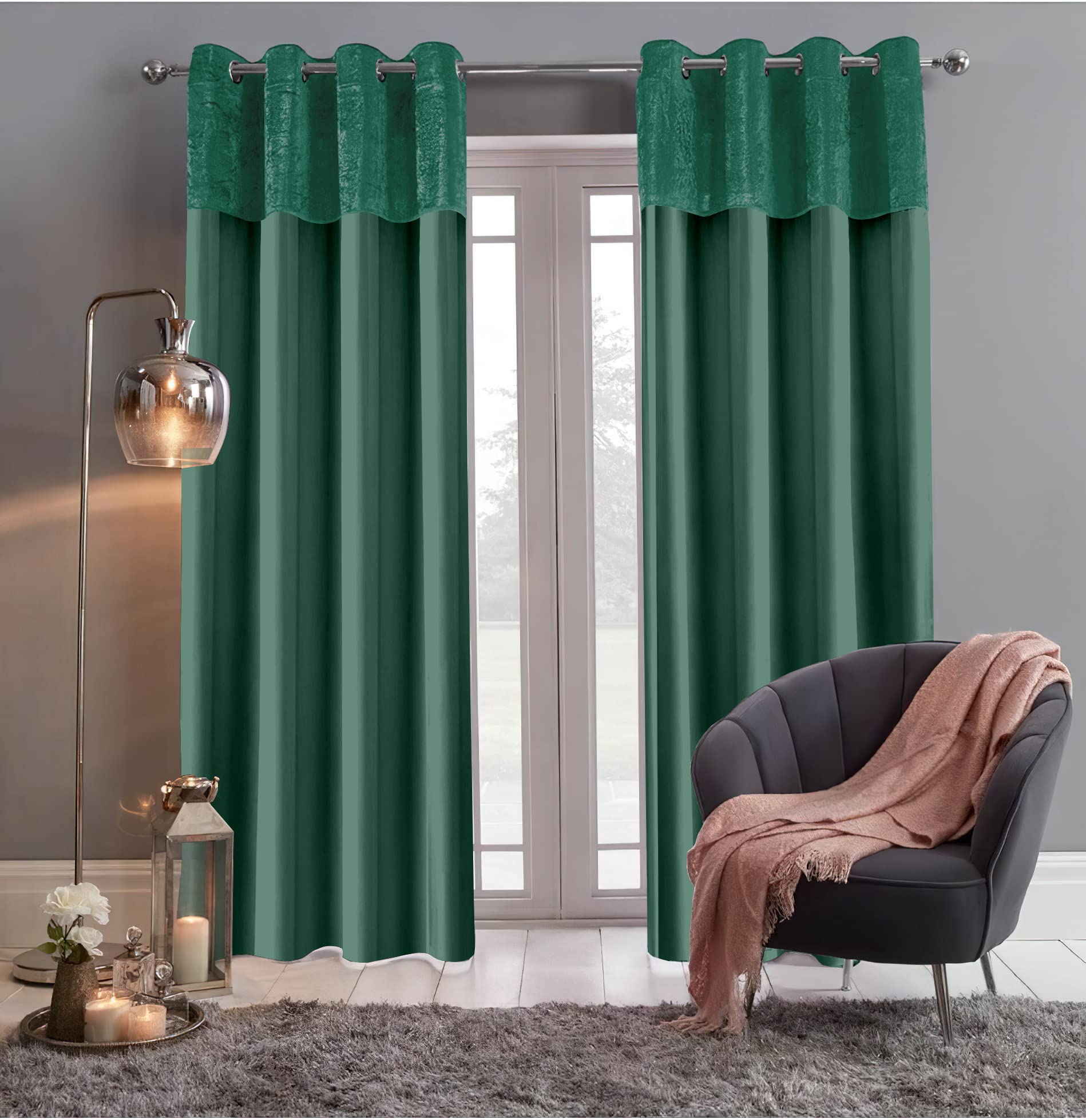 Roseley Crushed Velvet Band Curtains Eyelet Ring Top 2 Panels Fully Lined Faux Silk Window Treatment Elegant Solid Colours (66 x 72'' Emerald Green)