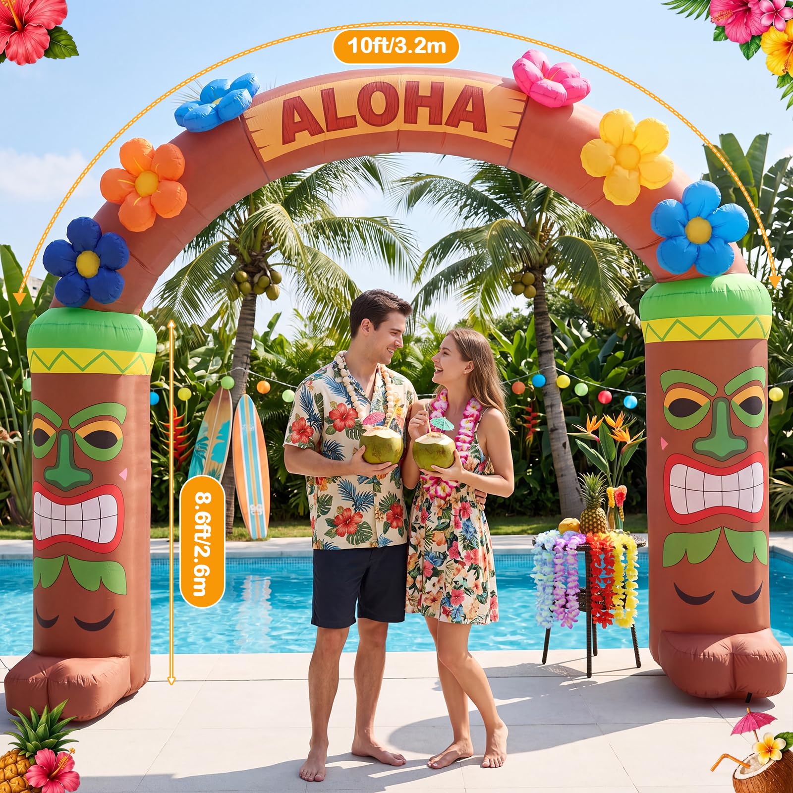 Arco gonfiabile Luau hawaiano da 3 m, decorazione estiva illuminata a LED, decorazione estiva Aloha Tiki per feste, per l'estate, tropicale, spiaggia, piscina, interni ed esterni, prato