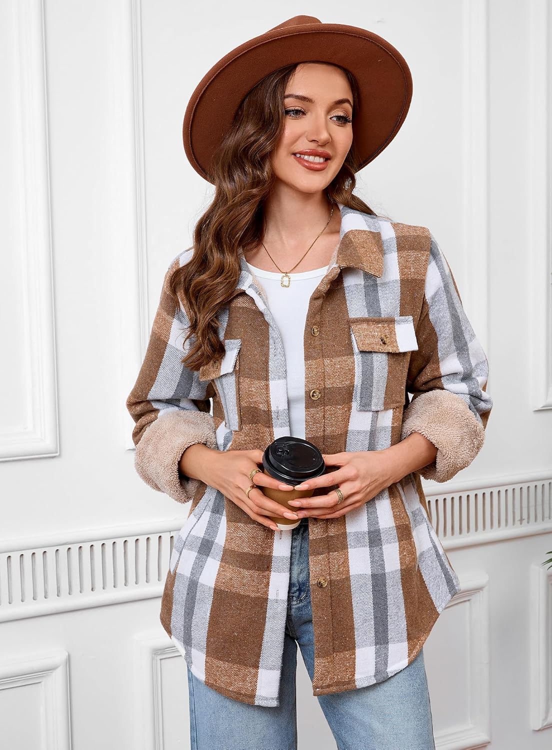 Elesuit Women's Sherpa Lined Flannel Shirt Jacket Plaid Button Down Jacket Coat for Women with Pocket - Image 4