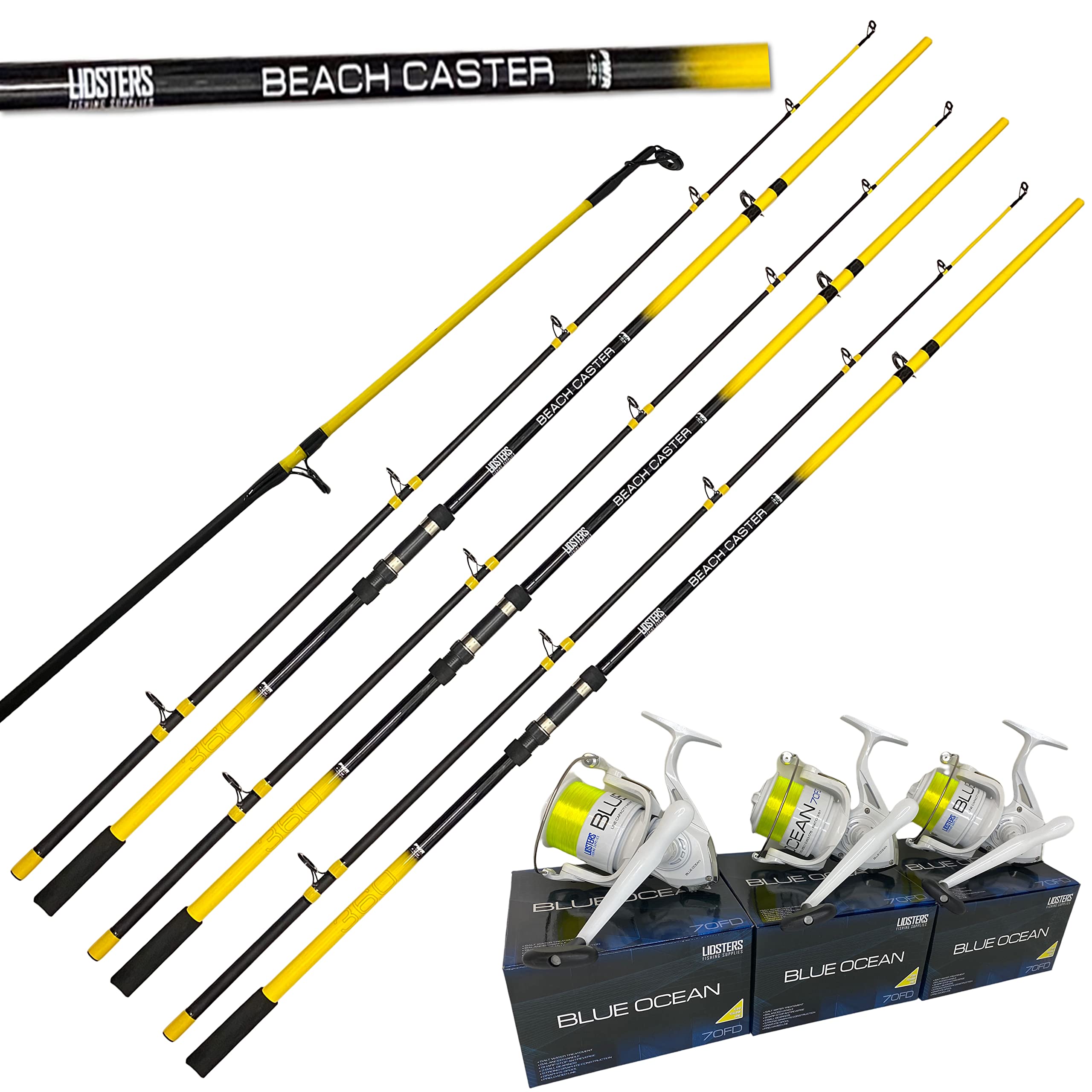 3 x LFS Beachcaster Sea Fishing Rod 12ft 2pc + 3 x Lidsters BLUE OCEAN 70 Reel Yellow