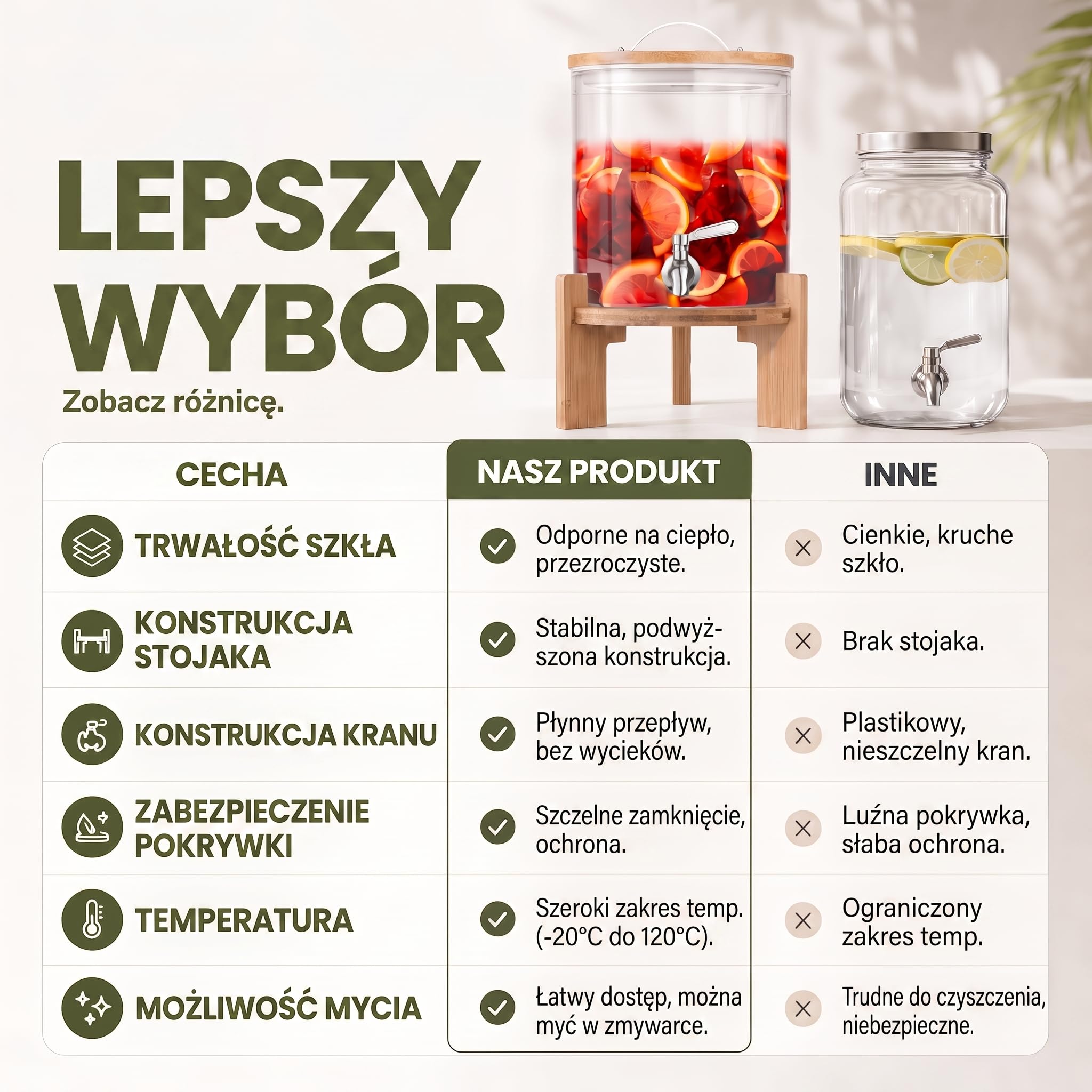 Dimono® Szklany Dozownik do Napojów 5 l z Kranem | Żaroodporne szkło borokrzemowe, kran ze stali nierdzewnej, bambusowy stojak 12 cm i pokrywka